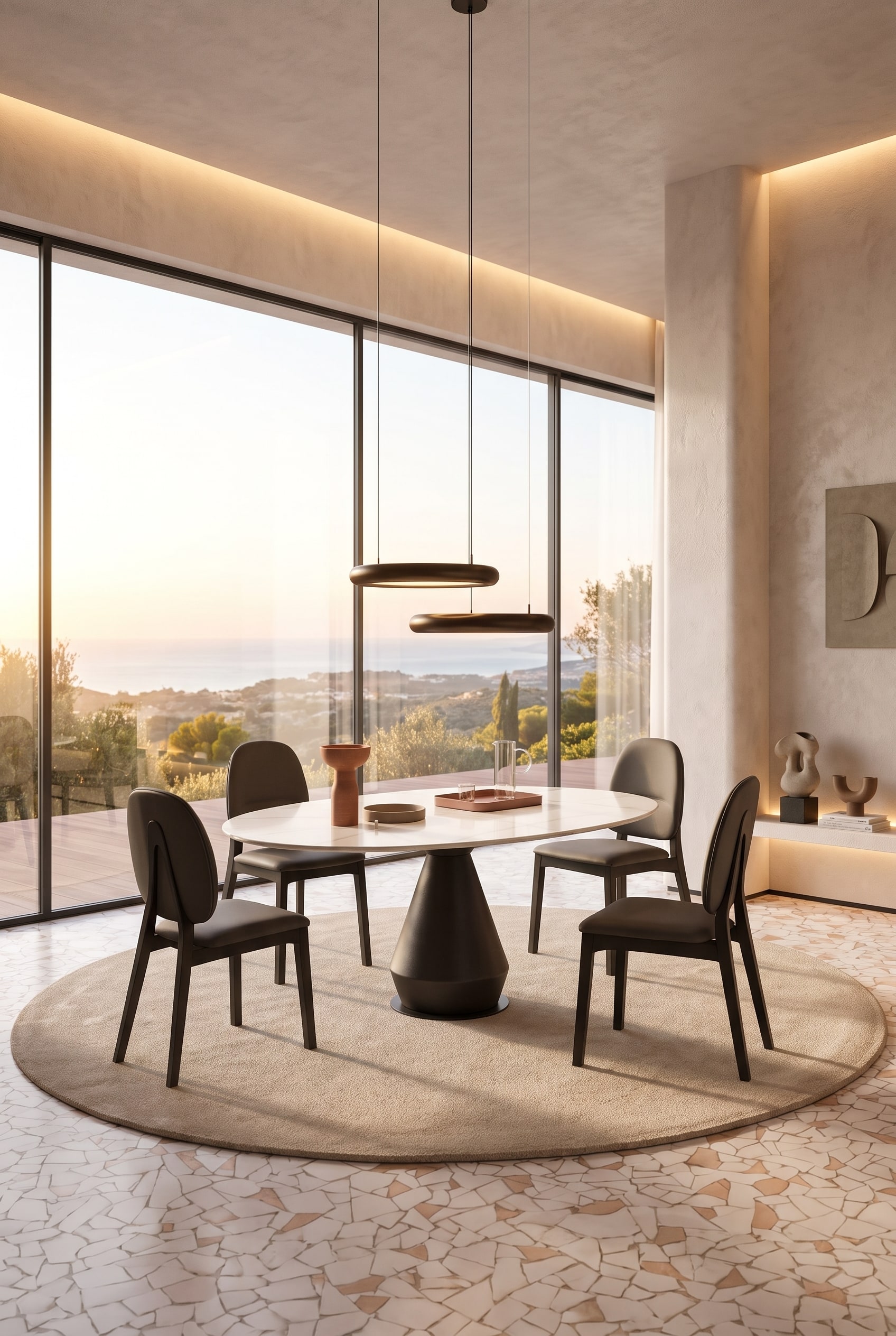 Salle &agrave; manger lumineuse avec table &agrave; manger ronde extensible en bois fonc&eacute; et quatre chaises rembourr&eacute;es