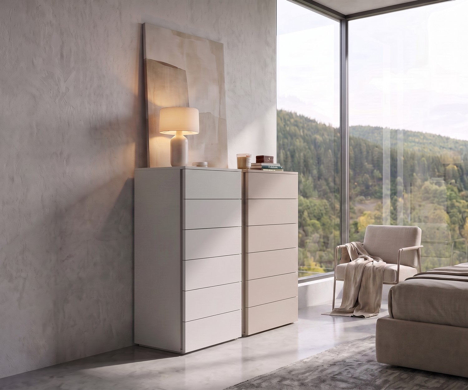 Livitalia Atena hoge ladekast voor de slaapkamer, minimalistische ladenkasten in wit en beige met 6 laden in modern design.