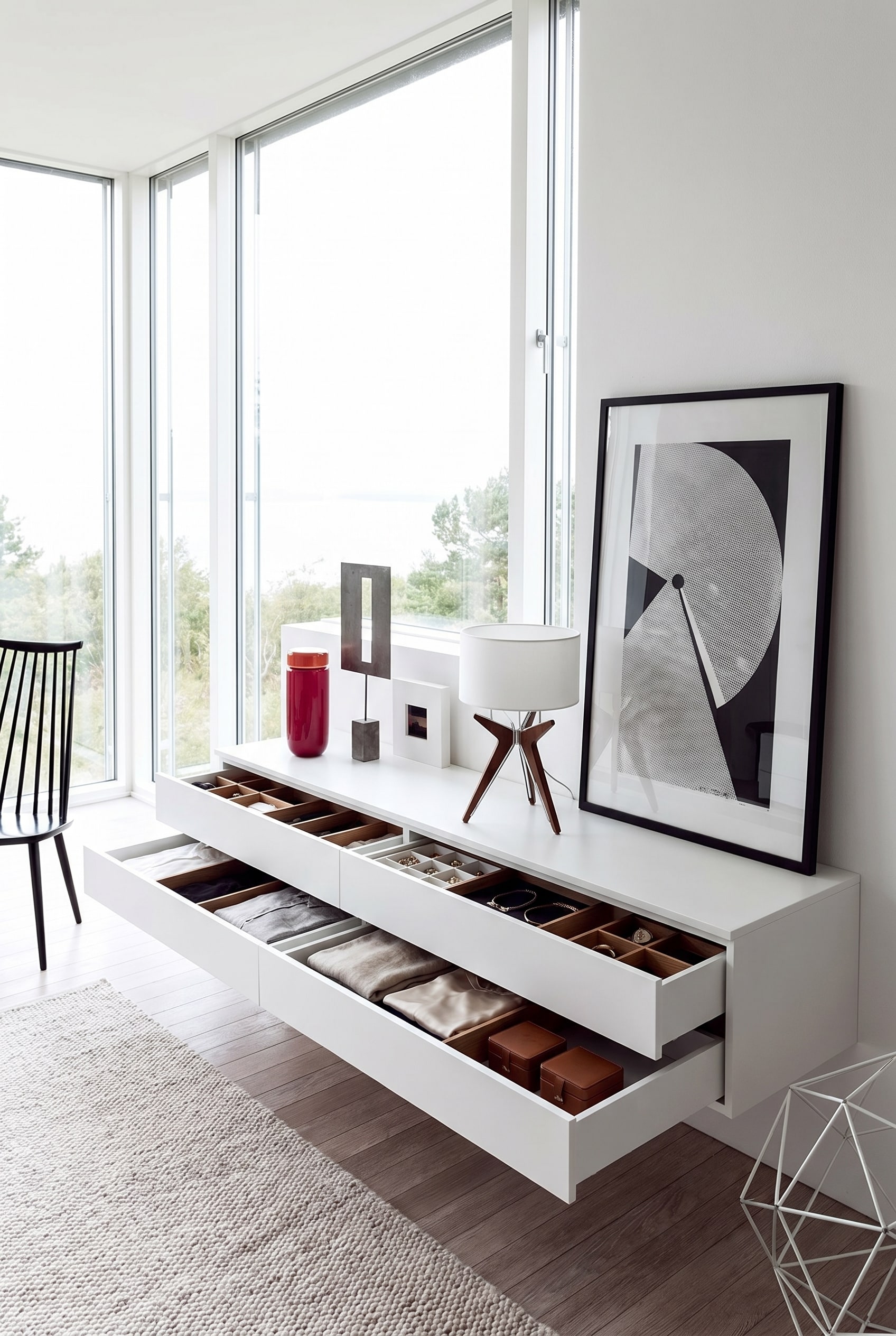 Chambre moderne avec commode flottante et plate au mur
