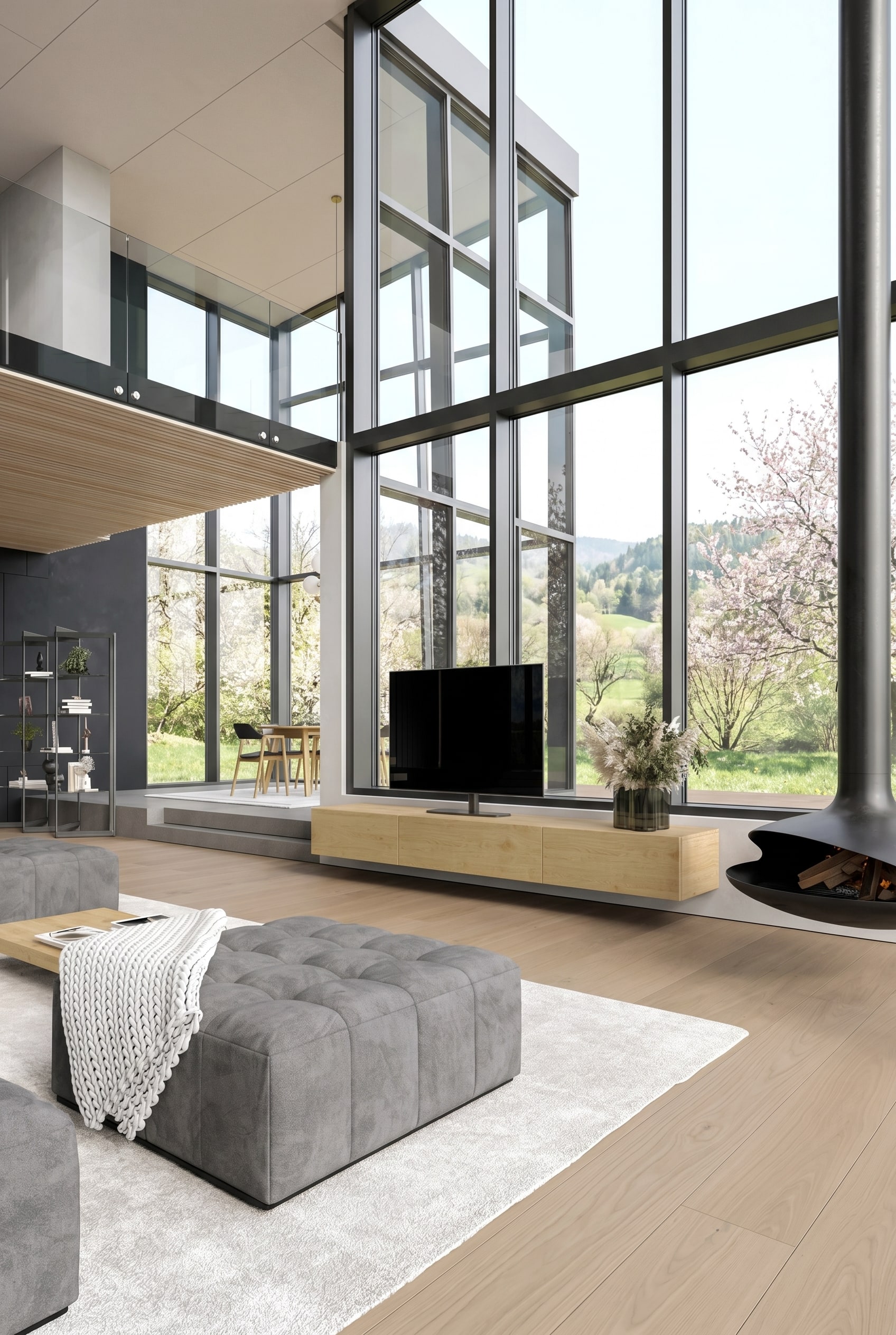 Meuble bas long et bas en bois clair dans un espace minimaliste Meuble bas long et bas en bois clair dans un espace minimaliste