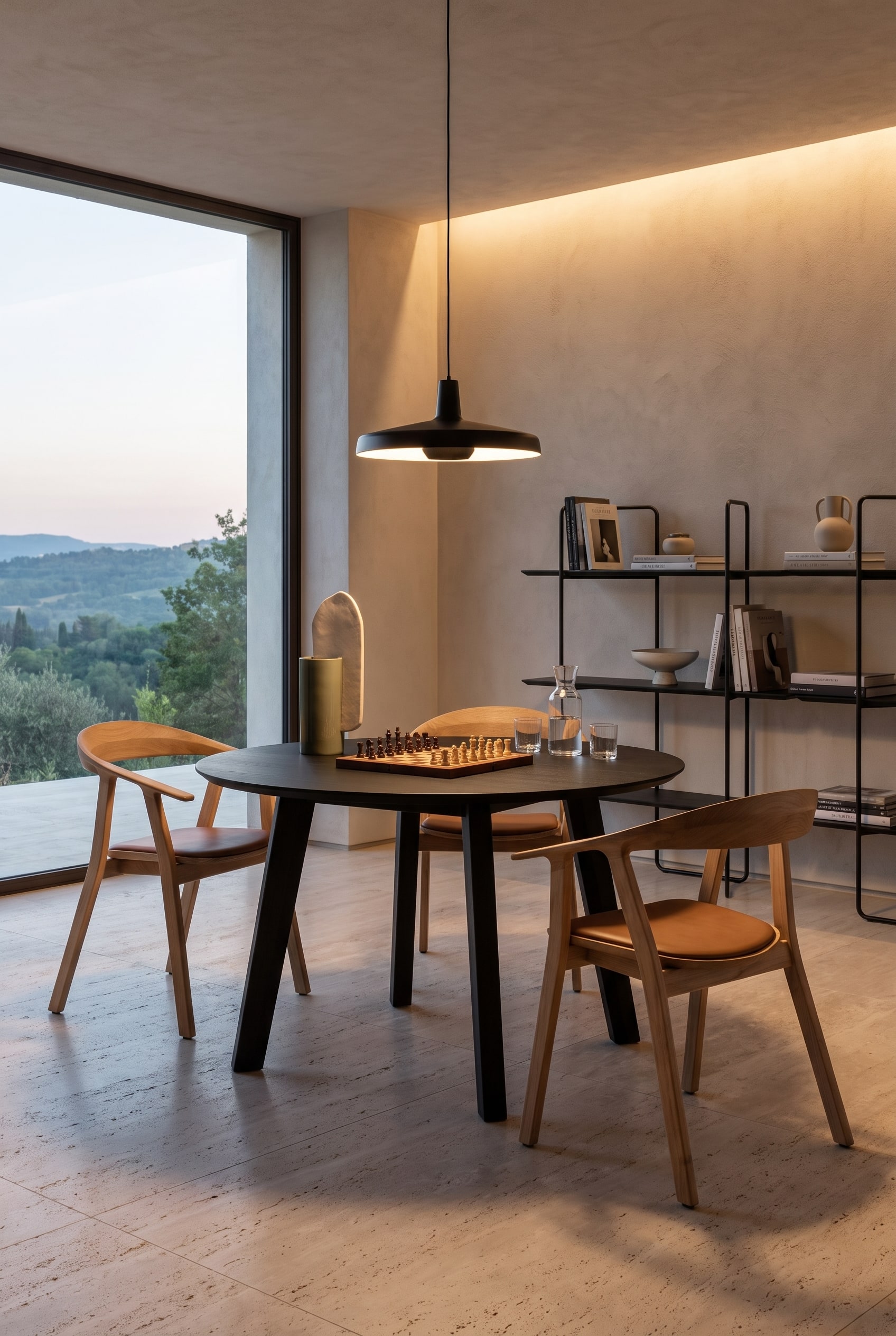 Salle &agrave; manger minimaliste avec une table ronde en bois noir et trois chaises en ch&ecirc;ne devant une &eacute;tag&egrave;re ouverte en m&eacute;tal noir