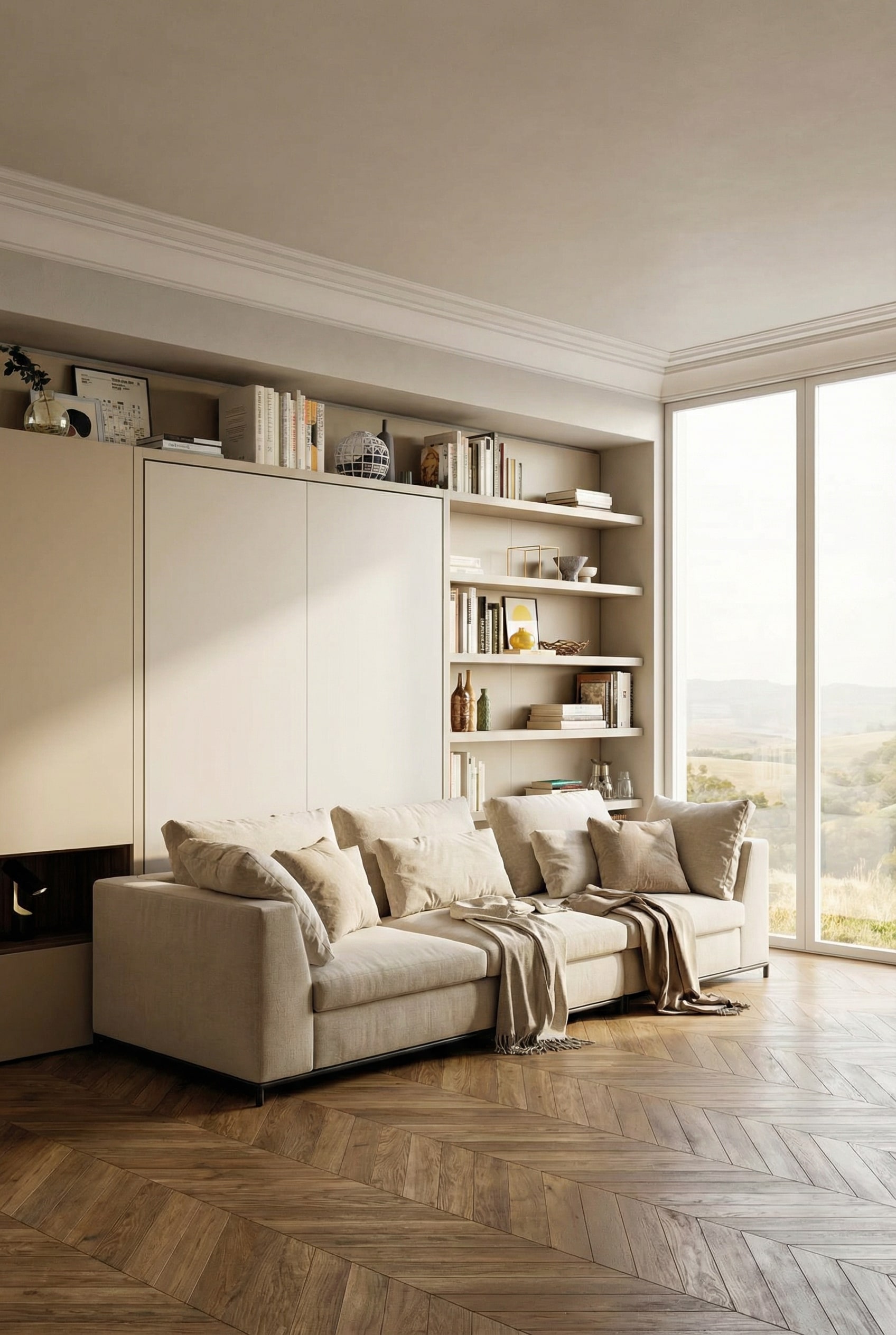 Mur de rangement de haute qualité, sur mesure, avec lit escamotable intégré dans des tons chauds Mur de rangement de haute qualité, sur mesure, avec lit escamotable intégré dans des tons chauds