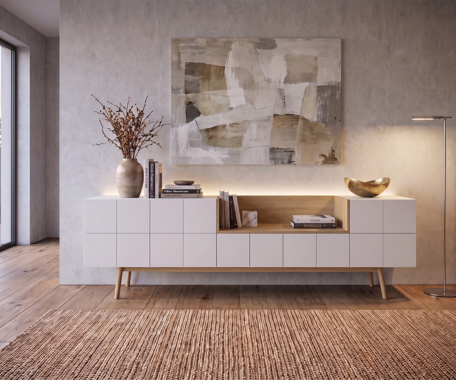 Buffet design al2 MOS-I-KO 003 A de salon en blanc mat et bois, style rétro moderne avec niche ouverte et déco.