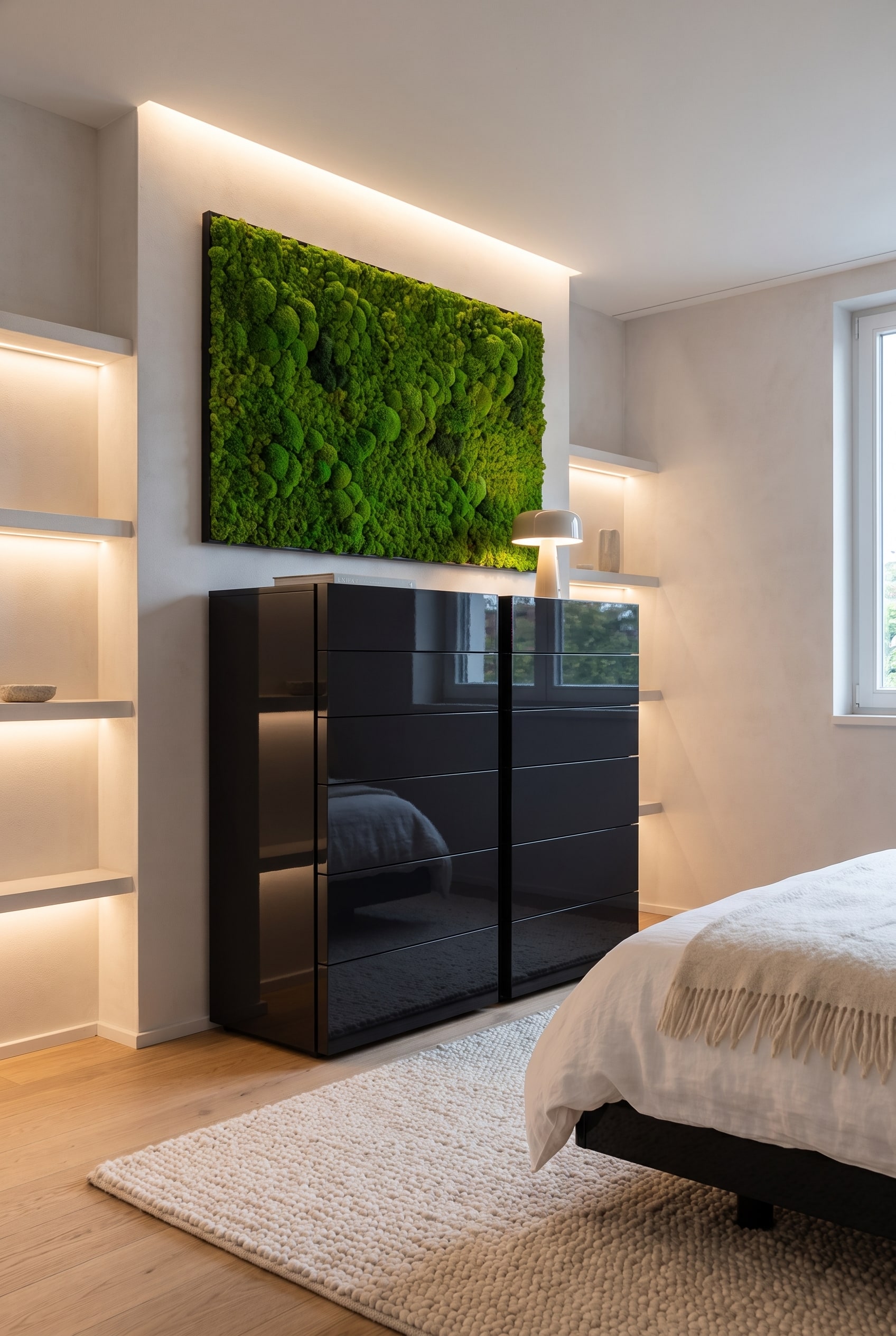 Une commode haute noire avec une surface brillante dans une chambre lumineuse, d&eacute;cor&eacute;e d'un tableau en mousse.
