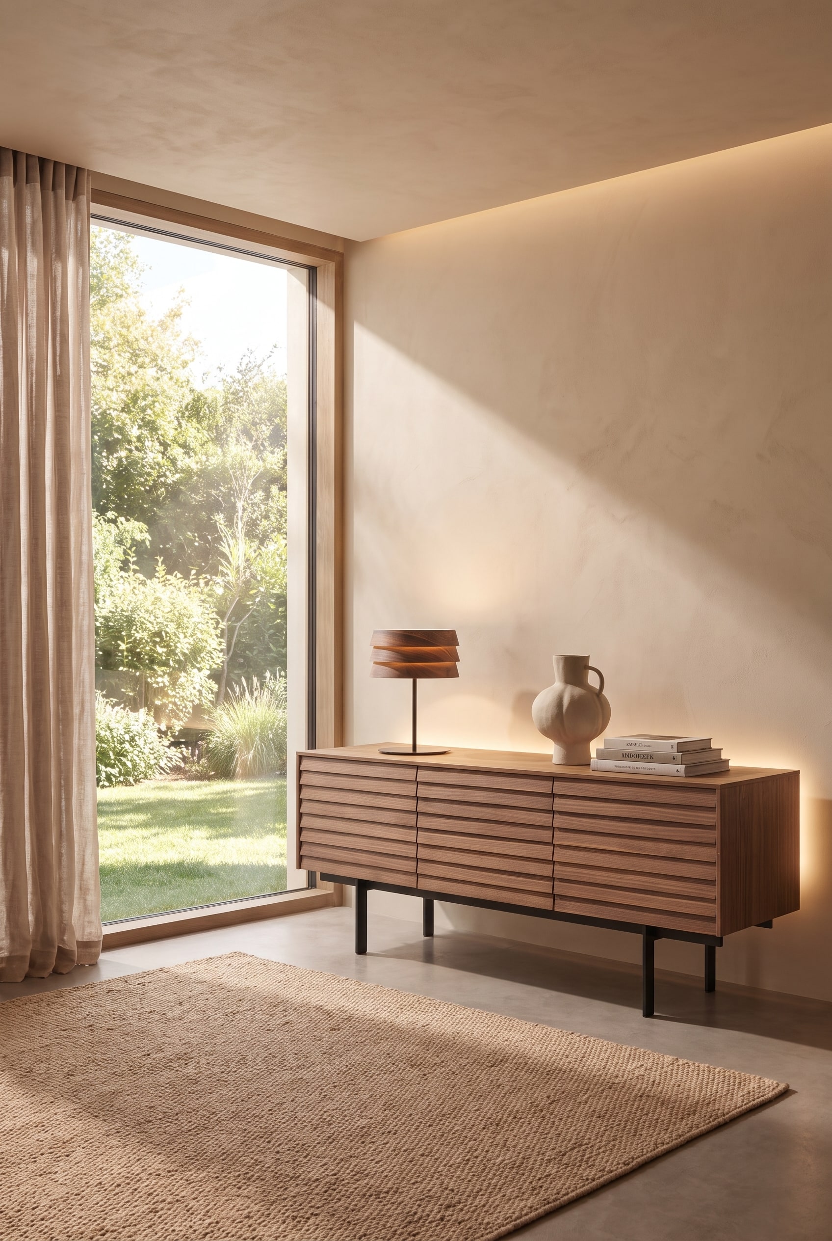 Salon moderne avec un buffet en ch&ecirc;ne fonc&eacute; et une &eacute;l&eacute;gante lampe de table en noyer devant de grandes fen&ecirc;tres
