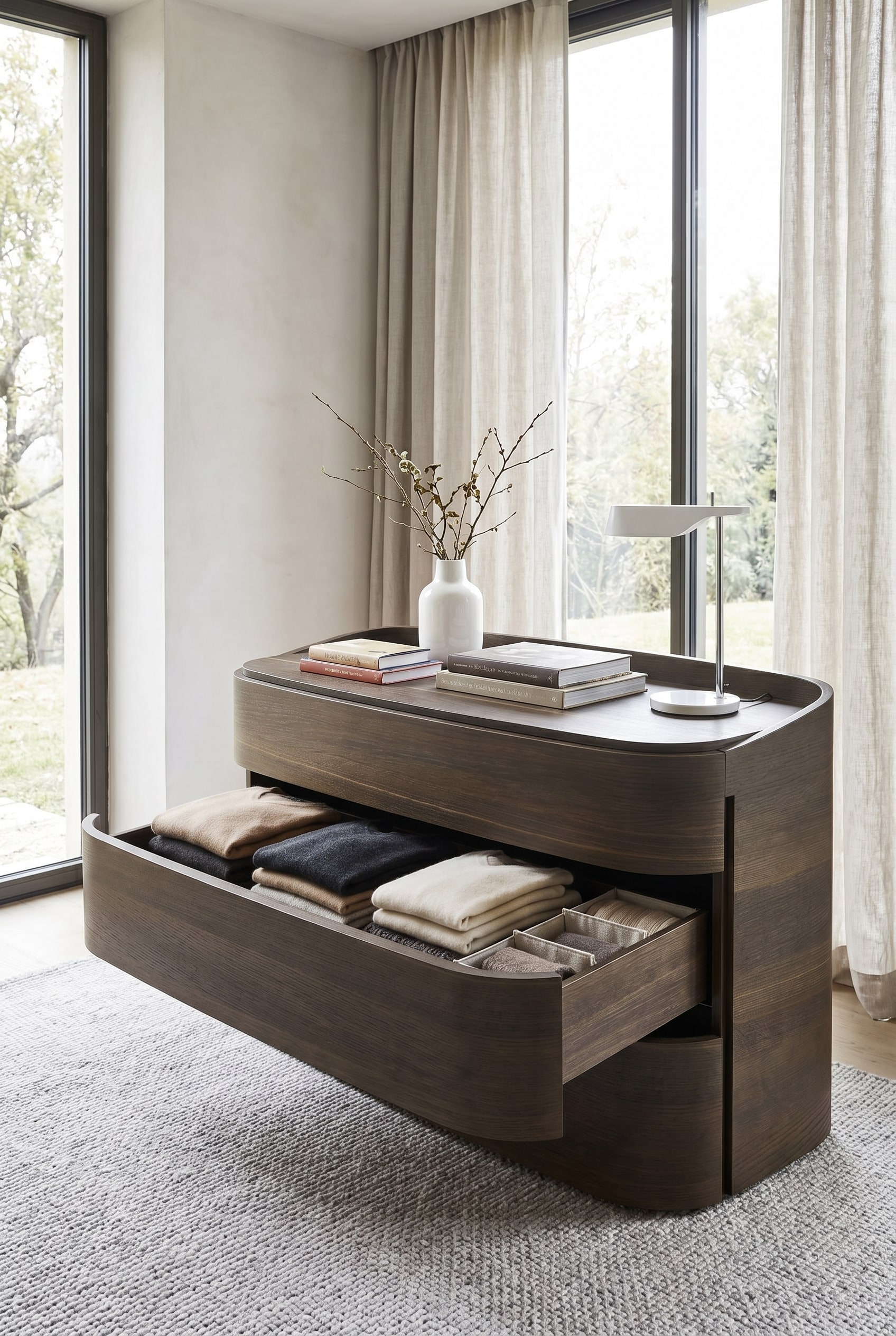 Chambre élégante avec commode en bois massif et arrondie