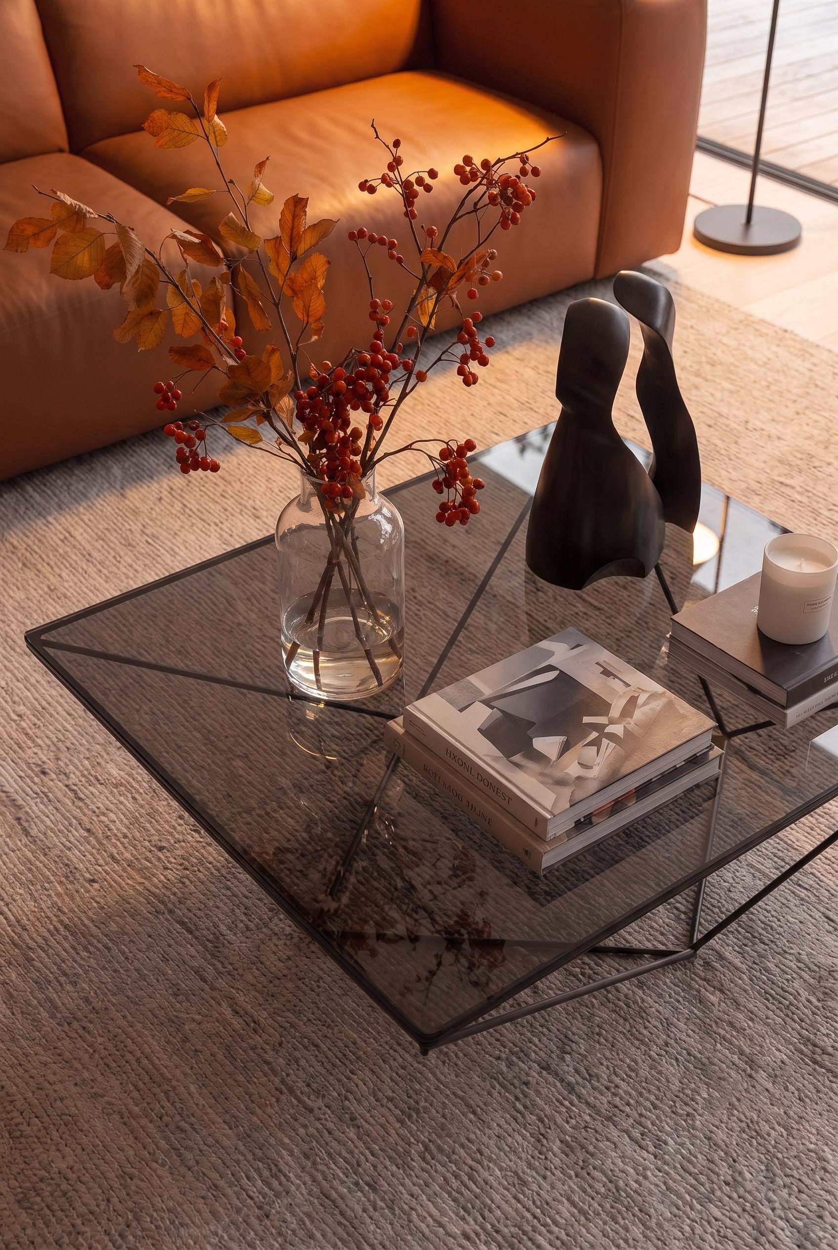 Vue plongeante sur une table basse de designer carrée avec une décoration asymétriquement arrangée de livres, une bougie et un vase en verre organique
