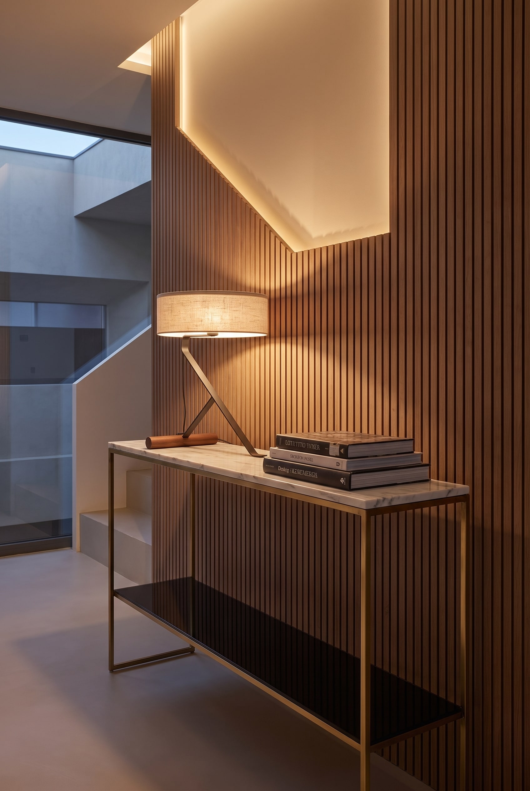 Console filigrane sur un palier d'escalier moderne avec une lampe de table &agrave; l'&eacute;clairage doux