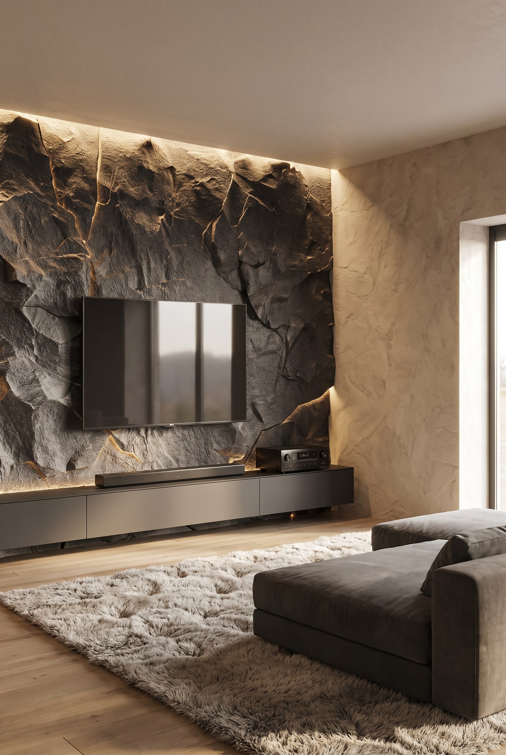 Salon monochrome avec un &eacute;l&eacute;gant meuble bas Livitalia Box, dont les fa&ccedil;ades lisses contrastent avec des murs textur&eacute;s et un tapis en laine &eacute;pais.
