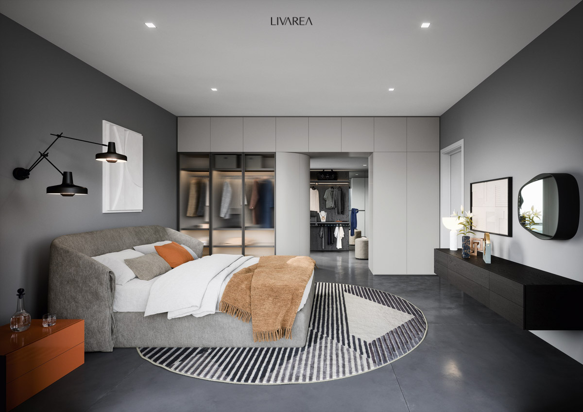 Slaapkamer met aparte aangepaste kleedkamer met geribbelde glazen deuren en gestoffeerd bed Slaapkamer met aparte aangepaste kleedkamer met geribbelde glazen deuren en gestoffeerd bed