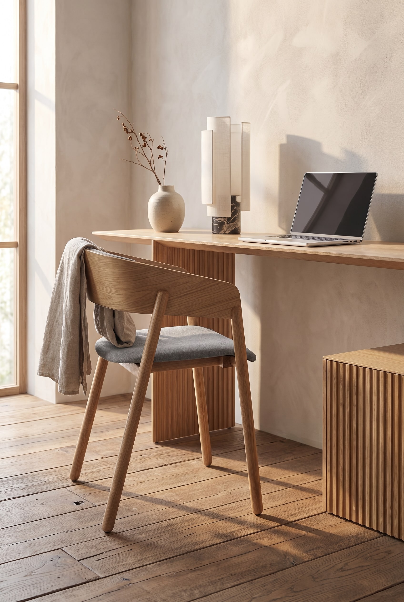 Chaise en bois massif Punt Mava d&eacute;taill&eacute;e dans une pi&egrave;ce chaleureuse en bois pur, sans aucune surface technique en m&eacute;tal ou en chrome