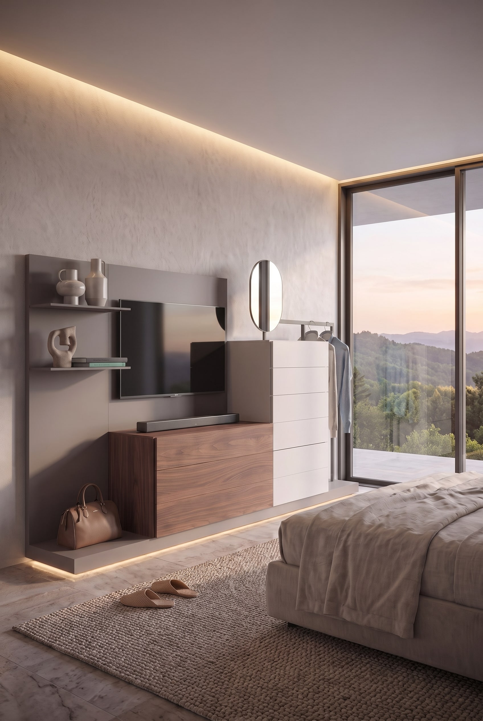 Modernes Schlafzimmer mit gro&szlig;en Fenstern, Bett und einer multifunktionalen TV-Wand mit Kommode und Garderobe.
