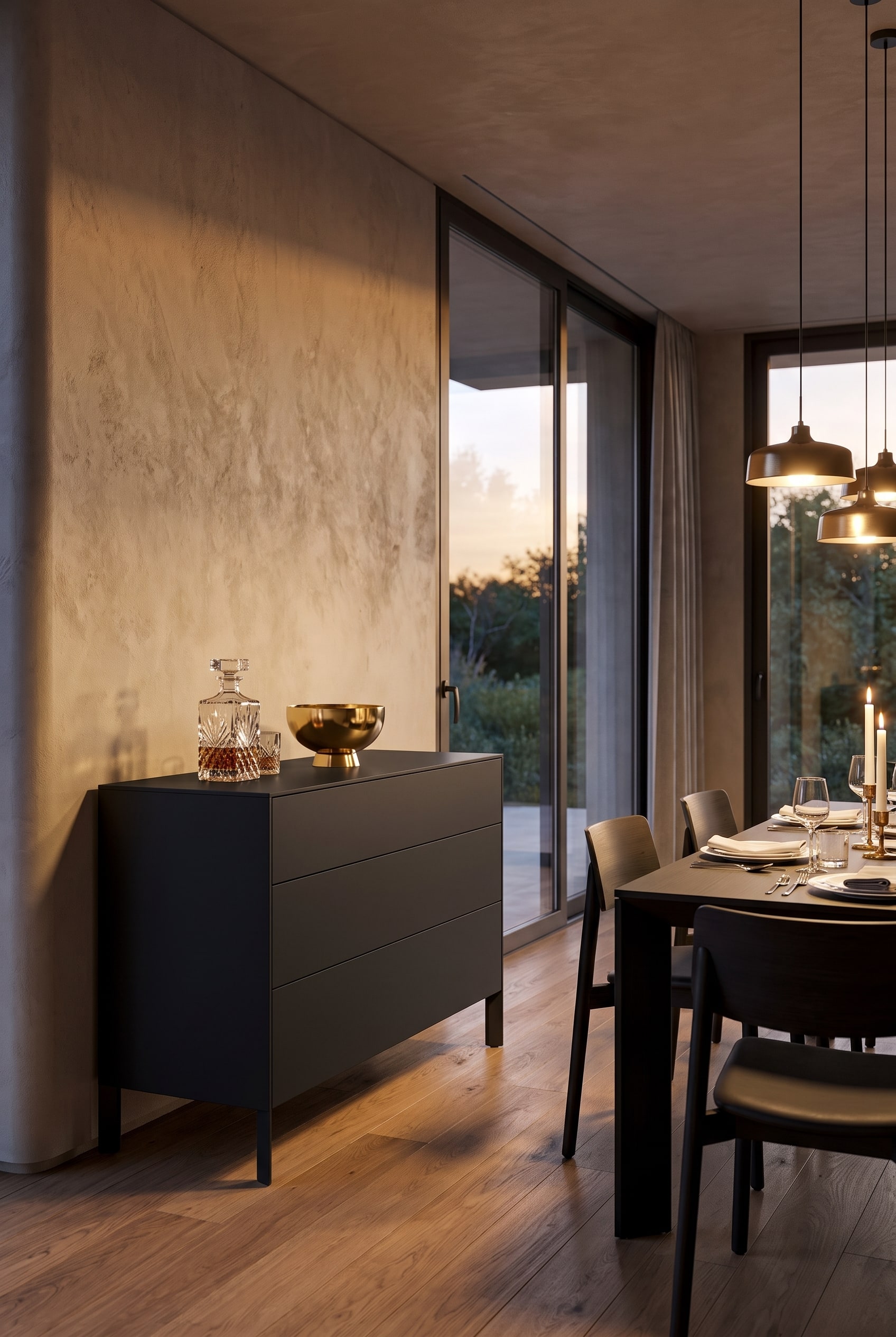 Commode noire mate dans une salle à manger élégante avec une décoration brillante sur un parquet en chêne chaleureux