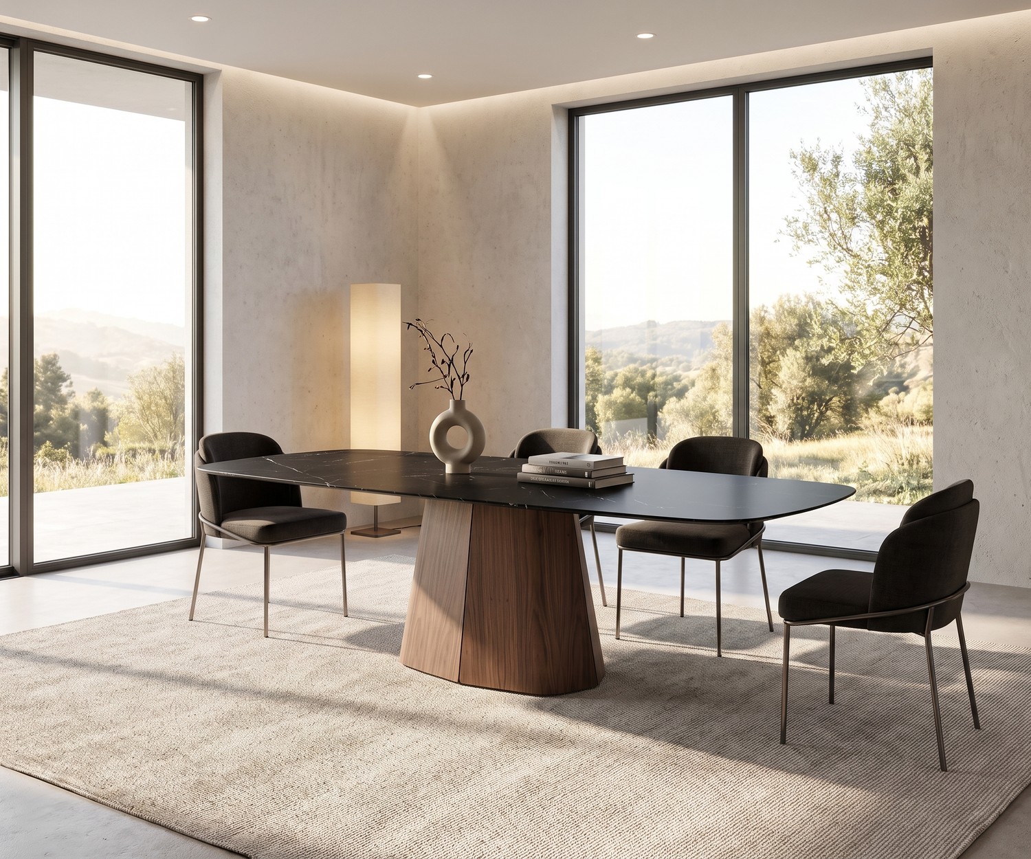 al2 tessera 001 ovale design eettafel van hout in een lichte, moderne eetkamer met uitzicht op de tuin.