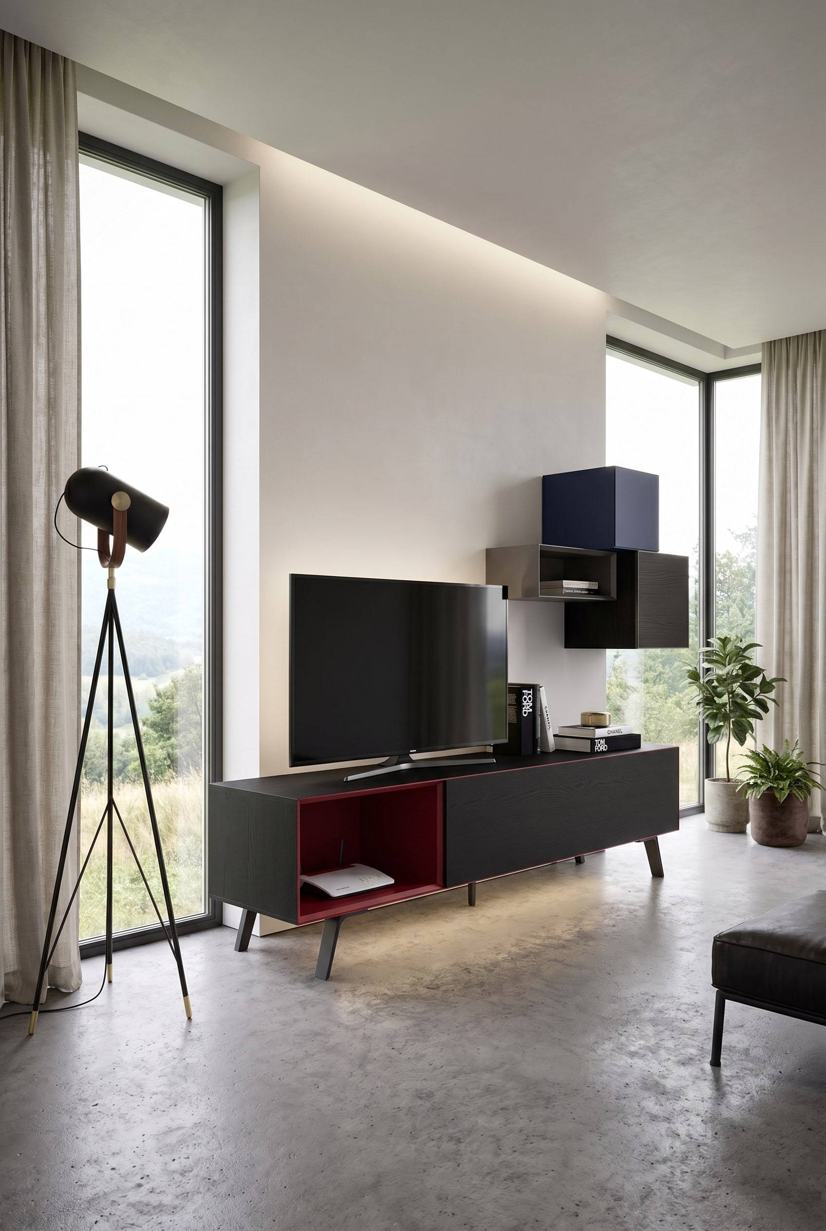 Salon minimaliste avec un meuble TV bas Livitalia Minimal en ch&ecirc;ne noir et rouge fonc&eacute;, et un lampadaire simple