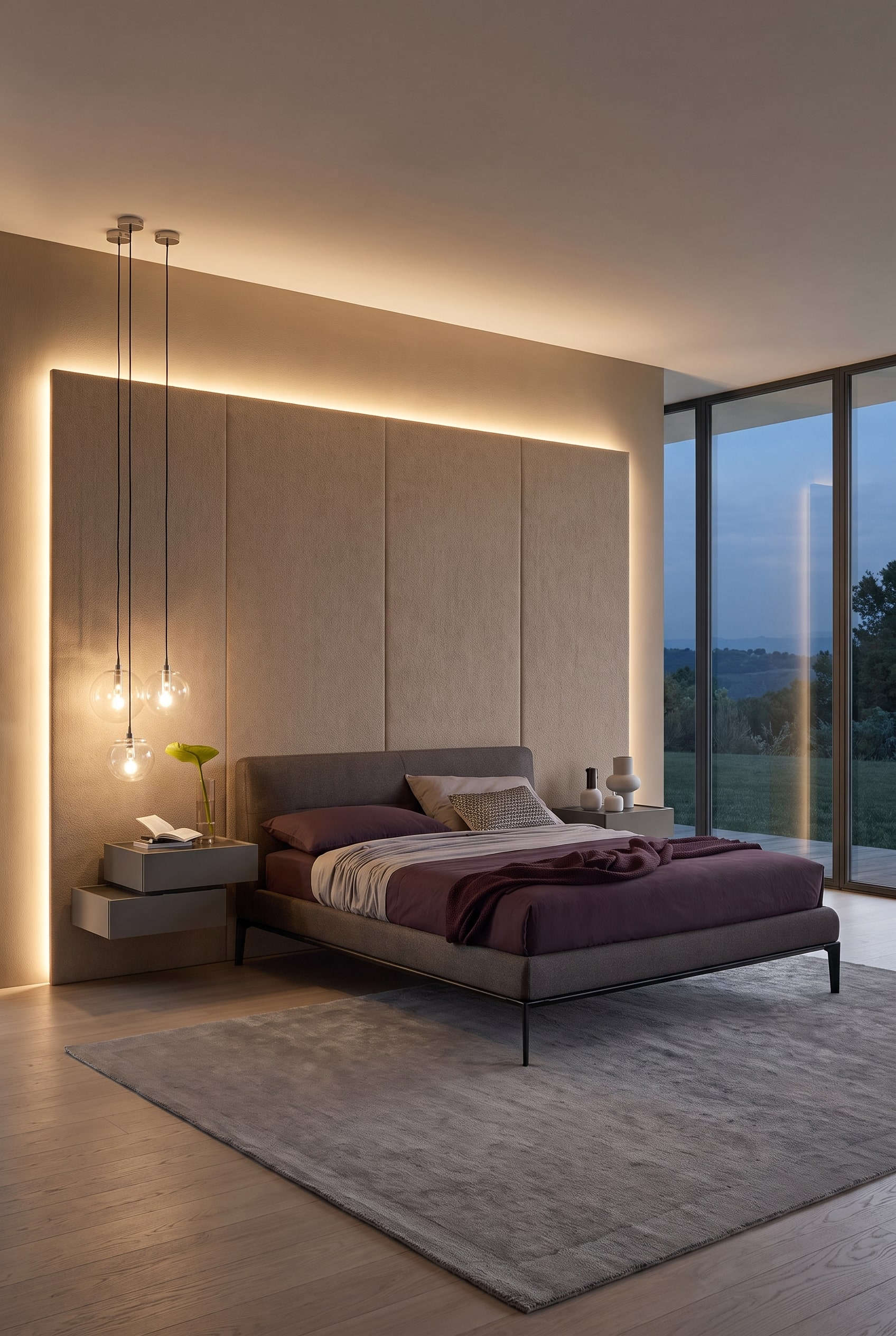 Chambre spacieuse avec lit rembourr&eacute; &eacute;l&eacute;gant et un grand panneau mural large en tissu