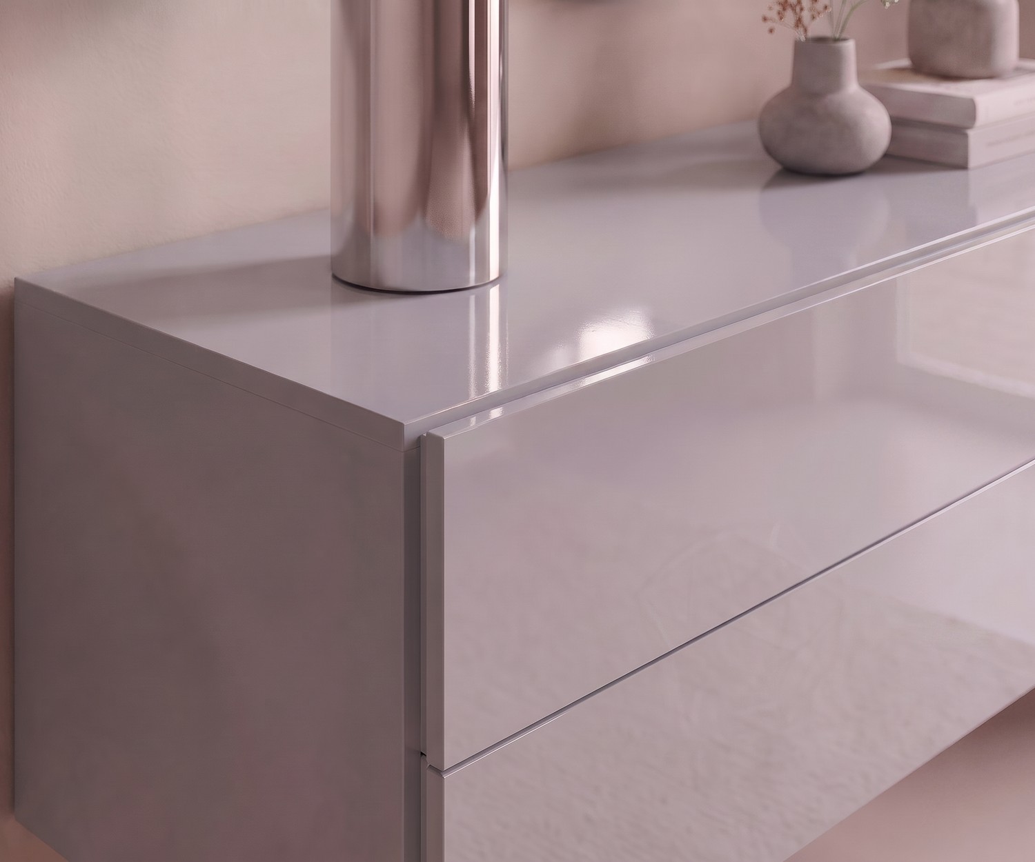 Commode suspendue Easy de Novamobili pour la chambre, coloris gris clair brillant, design italien moderne.