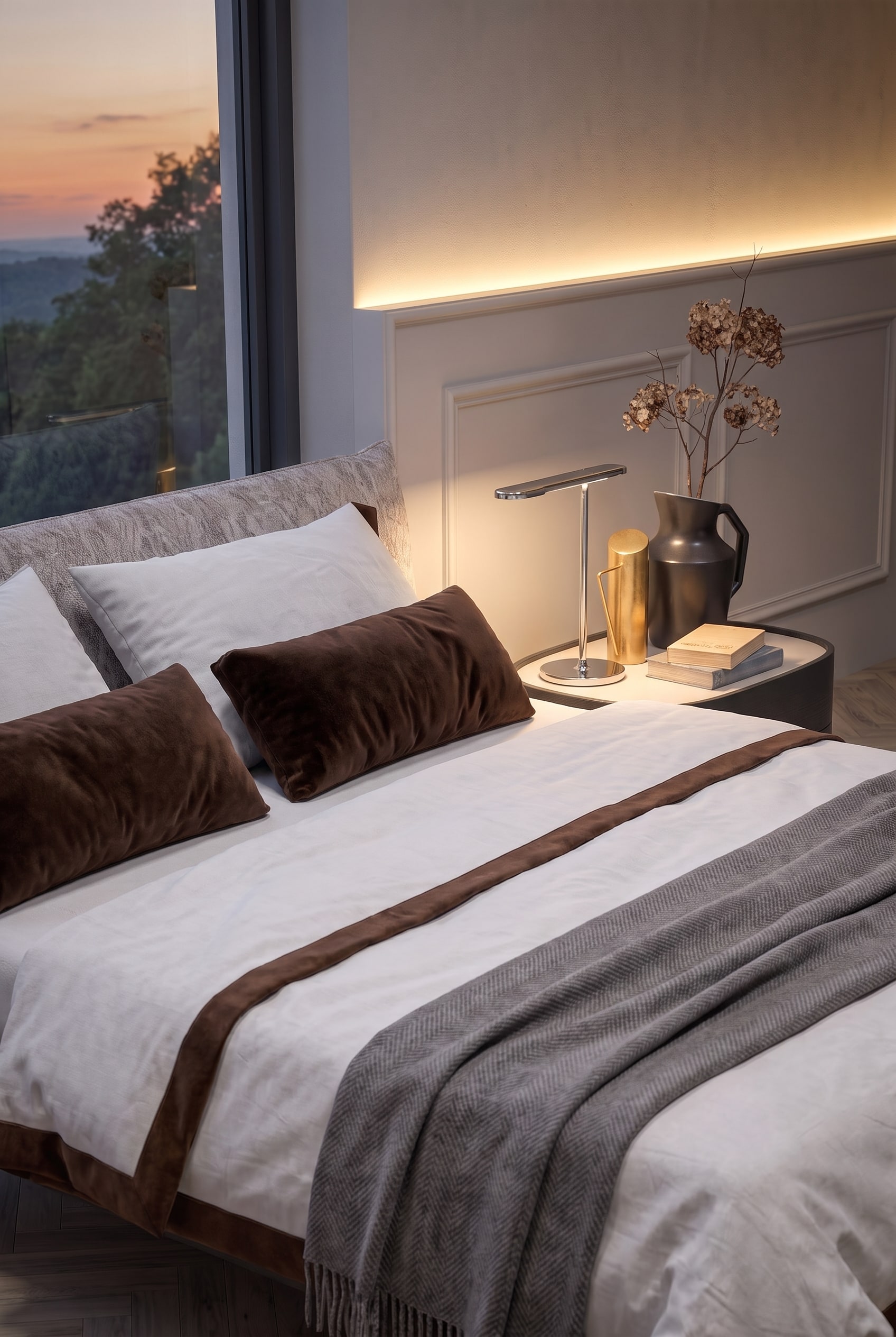 Vue détaillée du lit avec une literie blanche, des coussins en velours marron foncé et la table de chevet en arrière-plan.