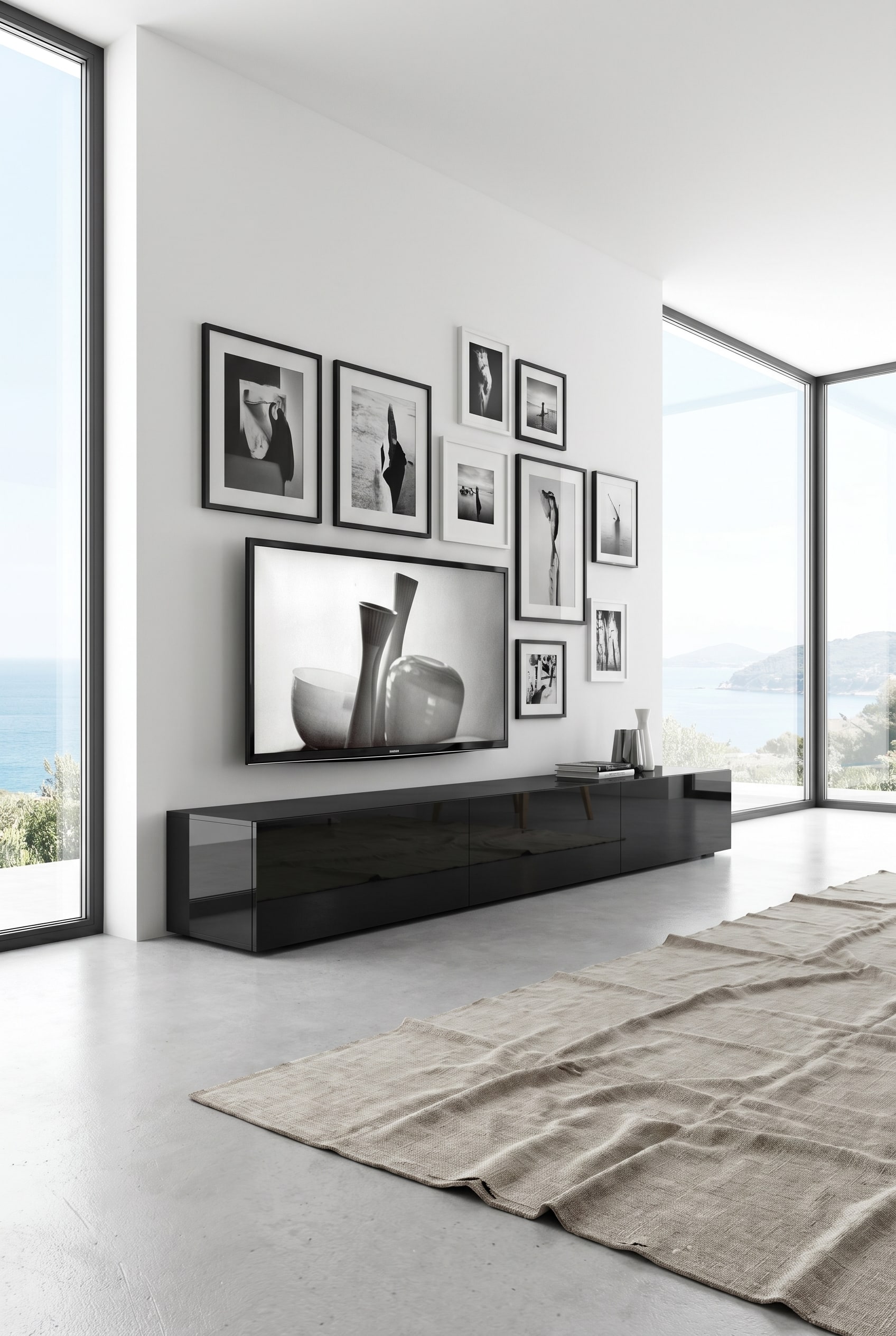 Lowboard noir laqu&eacute; de 300 cm de large, base &eacute;l&eacute;gante pour un &eacute;cran dans un int&eacute;rieur de luxe moderne