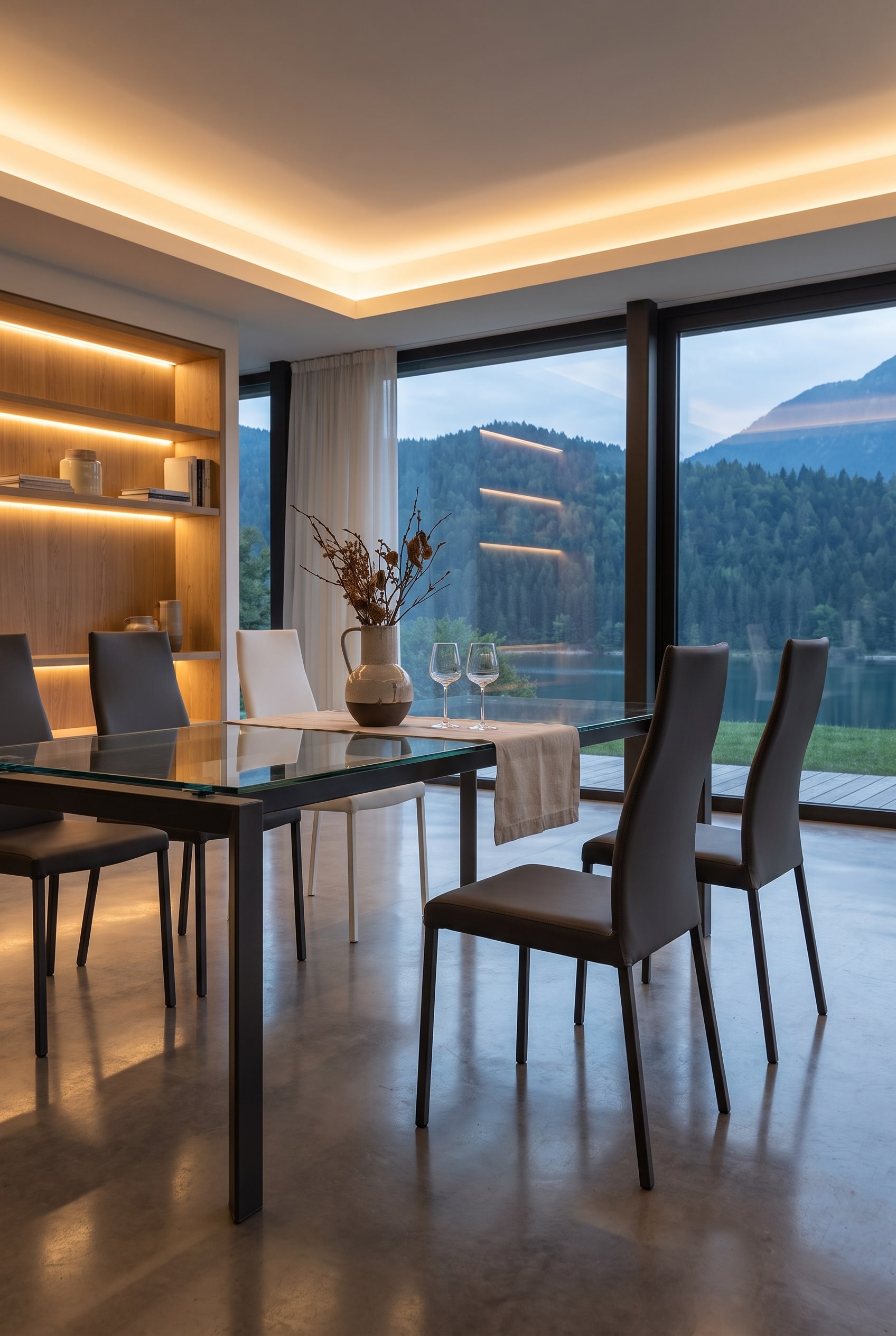 Salle &agrave; manger moderne avec table en verre, chaises en cuir Ozzio blanches et &eacute;clairage indirect subtil