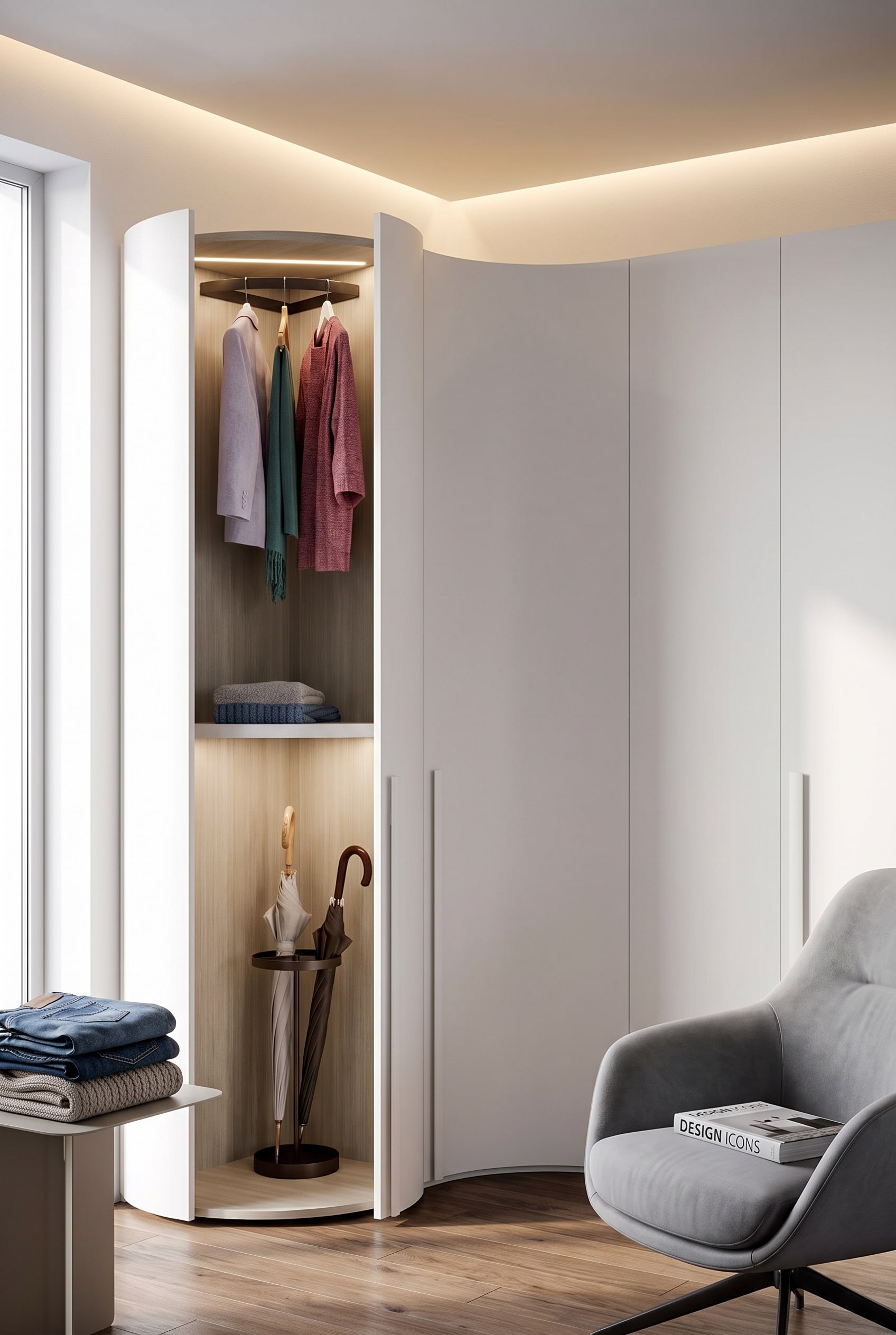 Chambre d'adolescent avec une armoire d'angle blanche et incurvée, parfaitement intégrée dans l'angle à 90 degrés de la pièce