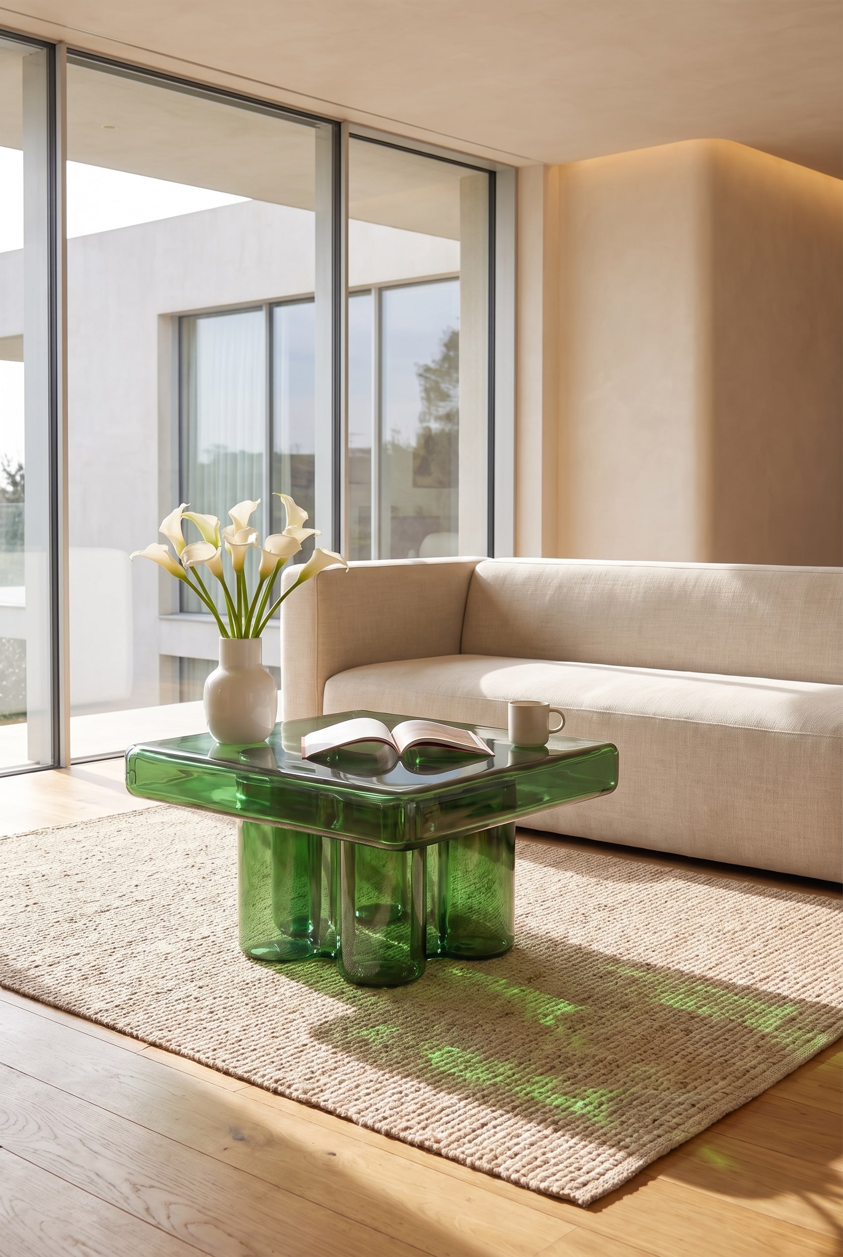 Salon stylé avec table basse carrée en verre de Murano et canapé en tissu clair
