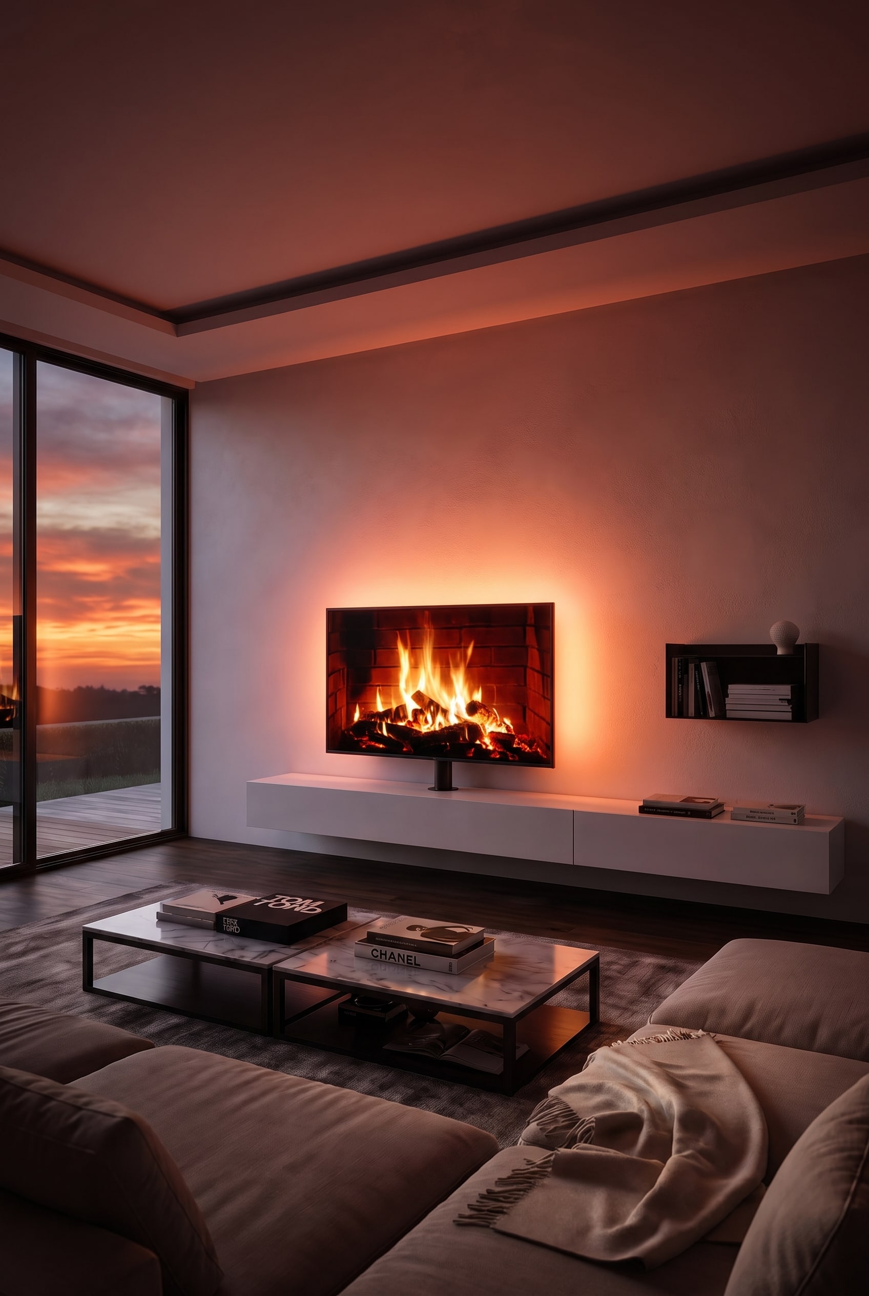 Salon minimaliste avec un meuble TV bas blanc, un support TV int&eacute;gr&eacute; et un &eacute;cran plat avec un doux r&eacute;tro&eacute;clairage
