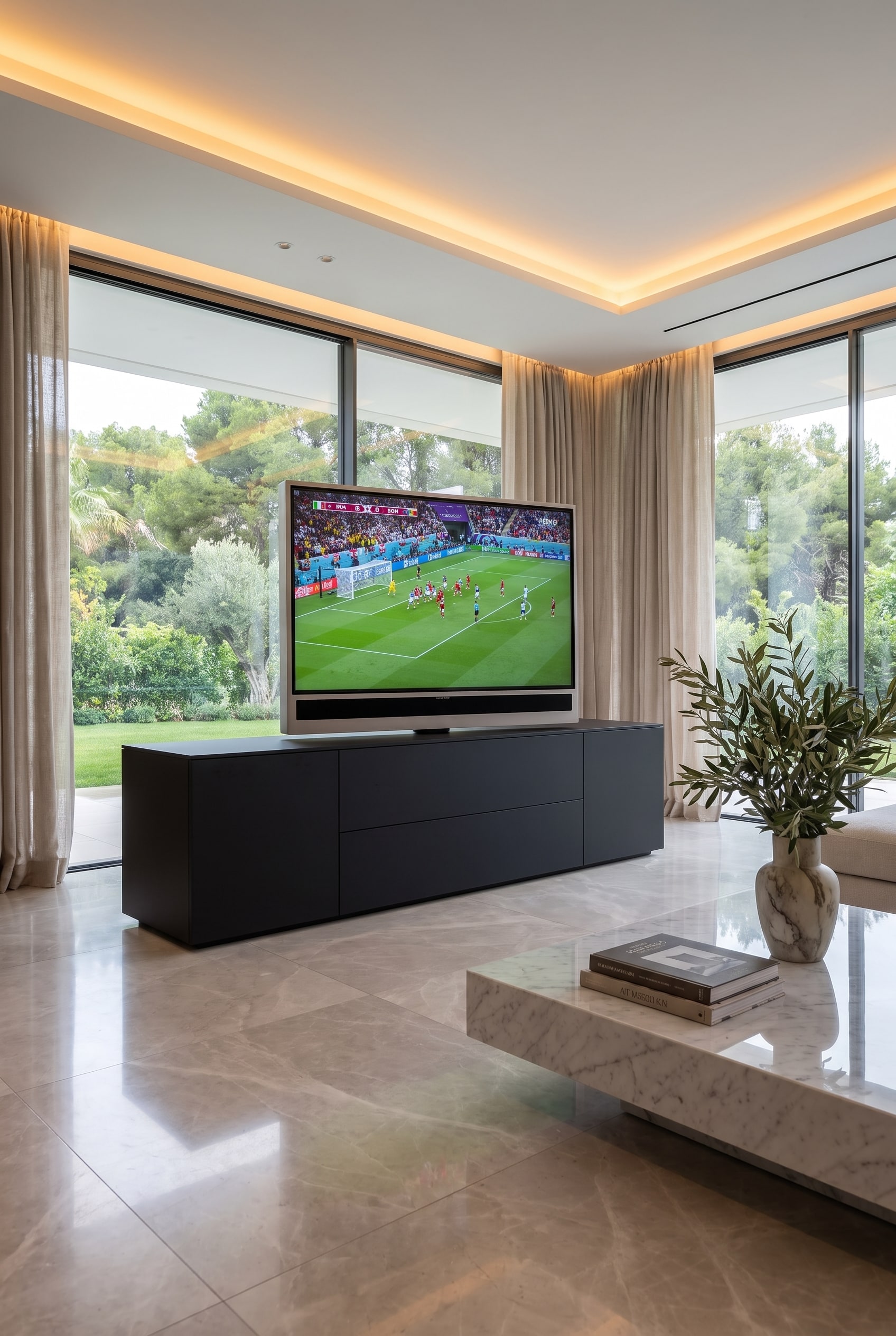 Salon moderne avec Livitalia Roto Sideboard Séparateur de pièce, panneau TV rotatif, vases élégants et grande fenêtre avec éclairage indirect
