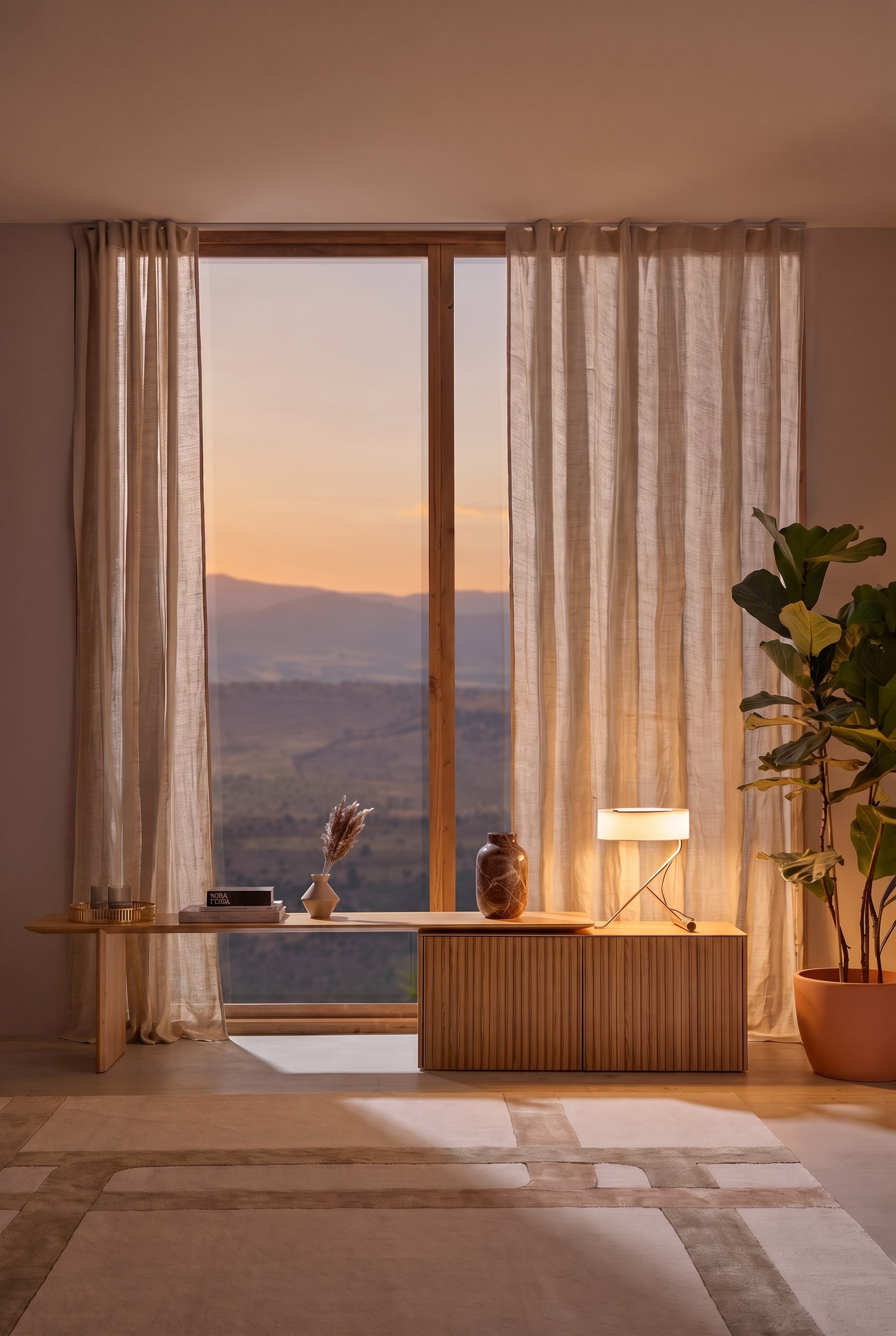 Sideboard Punt Velasca clair devant une grande baie vitr&eacute;e avec une d&eacute;coration discr&egrave;te et un grand figuier lyre.