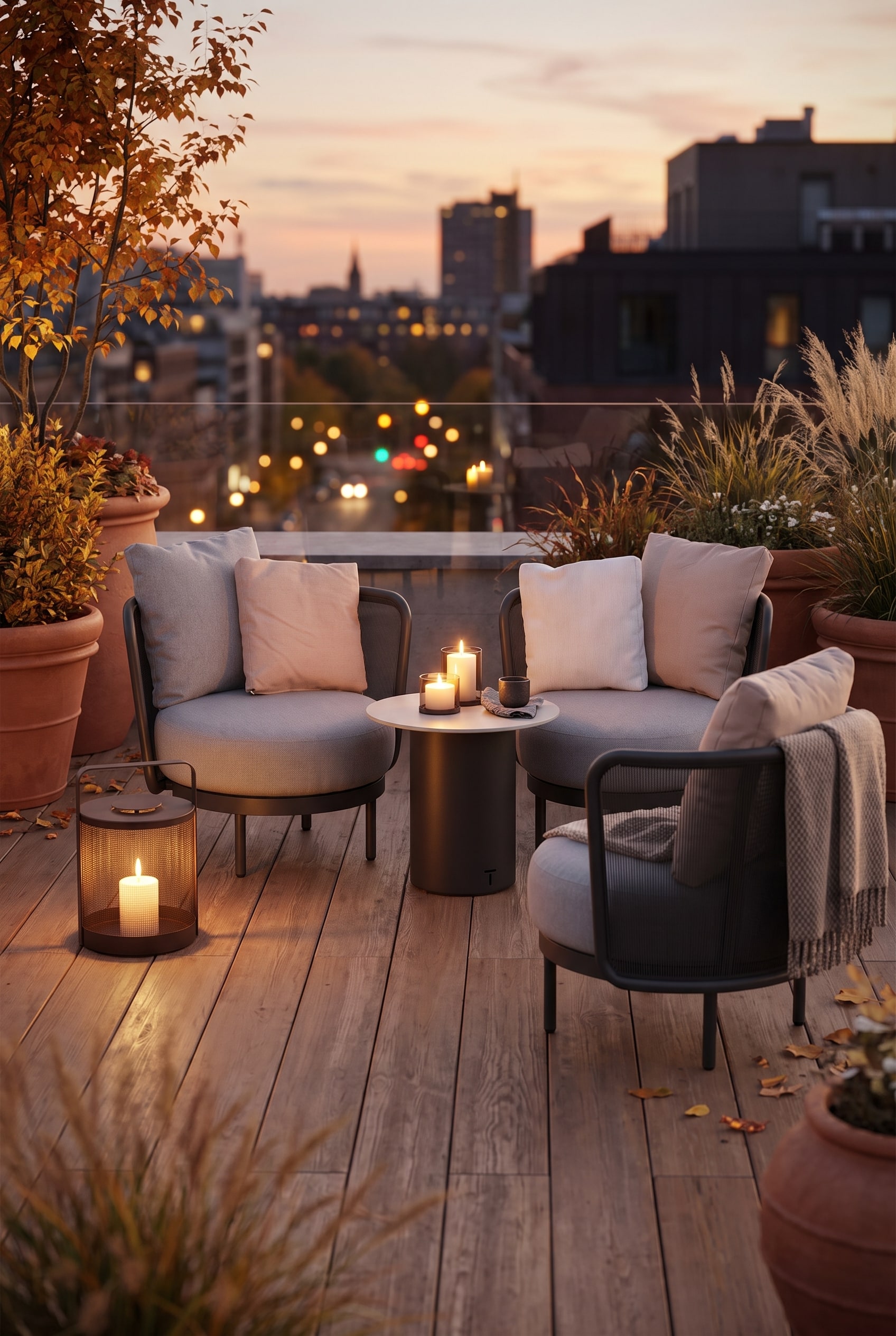 Trois fauteuils club d'extérieur ronds avec des coussins d'assise volumineux disposés en cercle sur une terrasse en bois