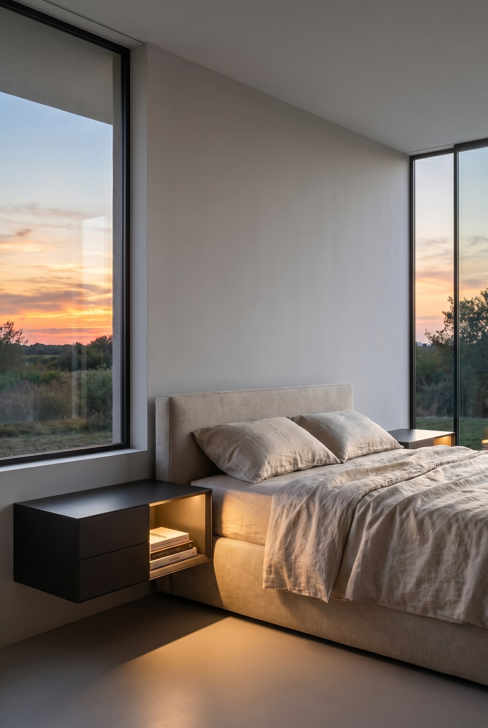 Table de chevet suspendue Livitalia Ecletto Open avec niche ouverte &agrave; c&ocirc;t&eacute; d'un lit boxspring