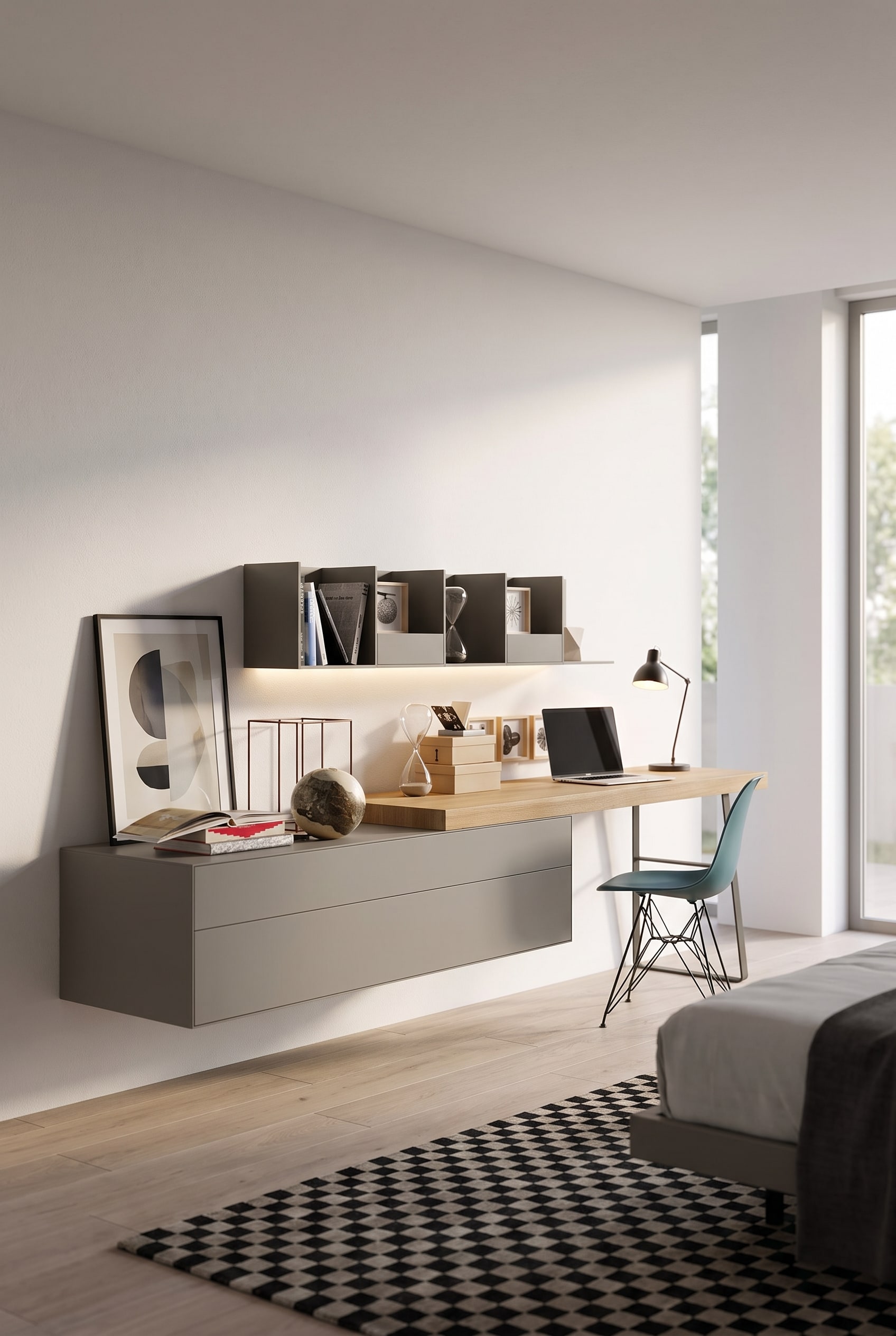 Espace de vie moderne avec un bureau mural flottant en ch&ecirc;ne clair, une chaise minimaliste et une impression d'art au mur.
