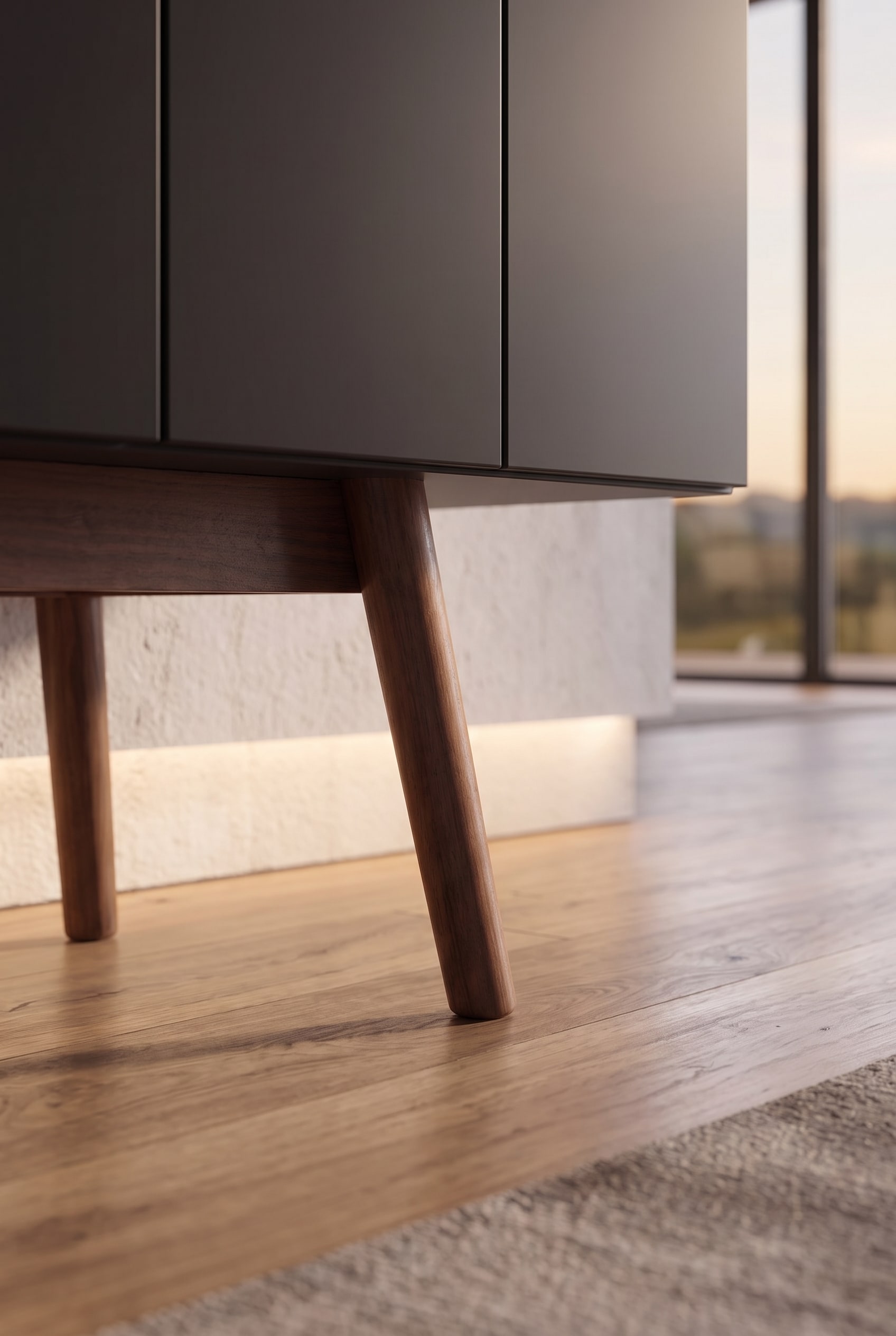 Detailaufnahme der konischen, schräg gestellten Holzfüße des Sideboards auf einem Eichenparkett, im Hintergrund eine indirekte Bodenbeleuchtung.