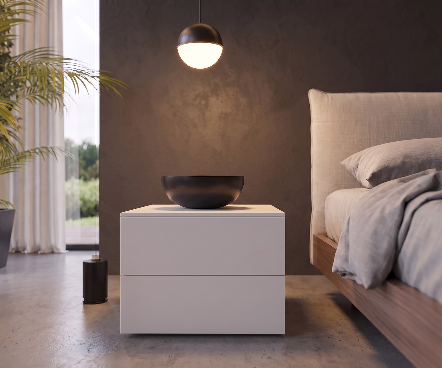 Table de chevet Atena de Livitalia avec deux tiroirs pour une chambre moderne au style minimaliste blanc.