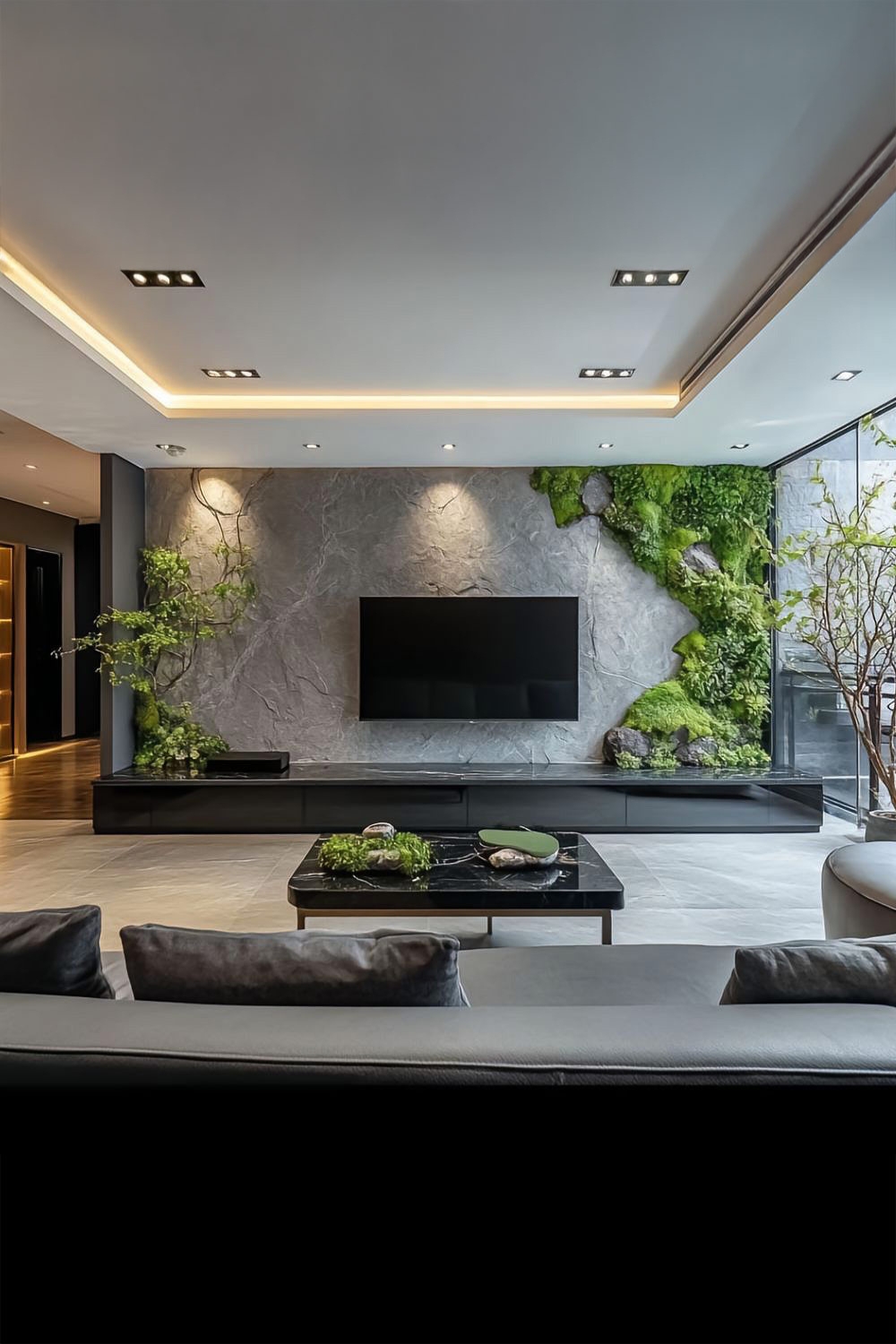 meubles de salon noirs int&eacute;gr&eacute;s dans une ambiance naturelle avec un mur en pierre et mousse authentique