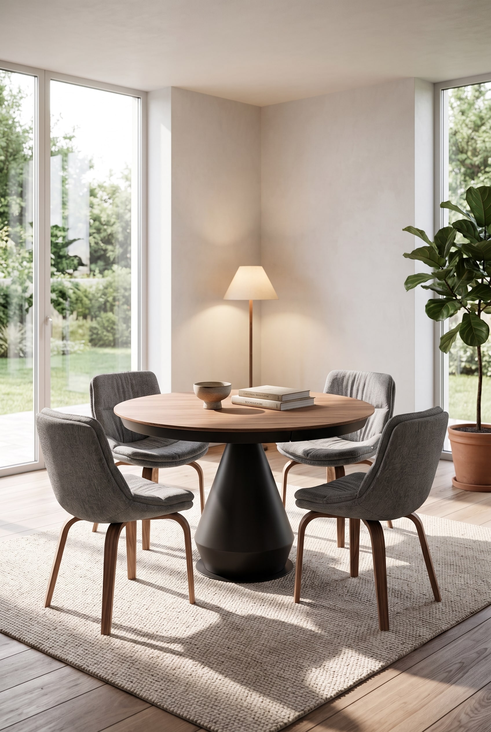 Salle &agrave; manger lumineuse avec table ronde en bois massif, chaises de salle &agrave; manger rembourr&eacute;es et bol en c&eacute;ramique