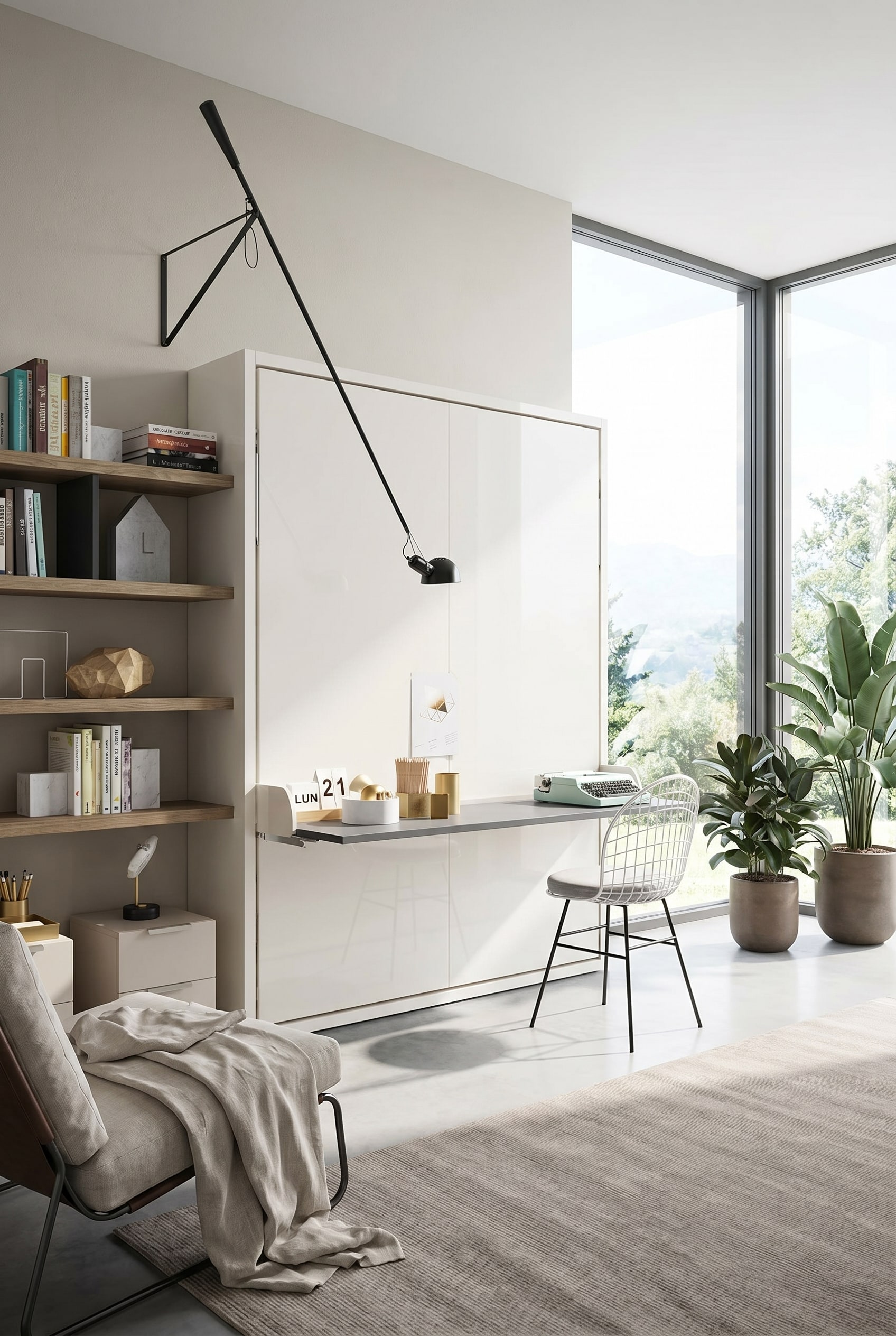 Un lit escamotable blanc avec bureau intégré dans un style moderne et minimaliste devant de grandes fenêtres. Un lit escamotable blanc avec bureau intégré dans un style moderne et minimaliste devant de grandes fenêtres.