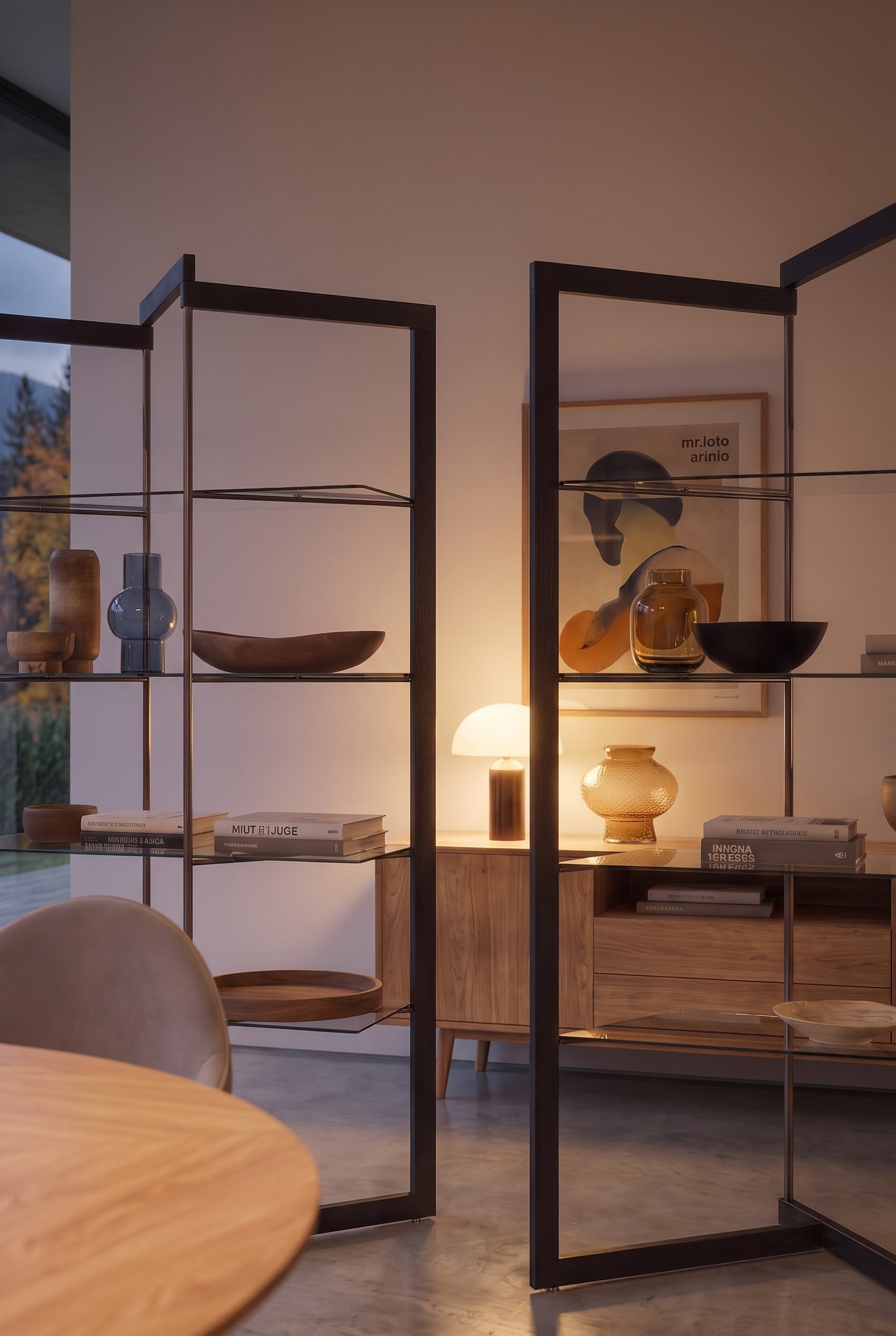 Une étagère en verre ouverte Ozzio Panto comme séparateur de pièce derrière une table ronde en marbre dans un espace repas moderne