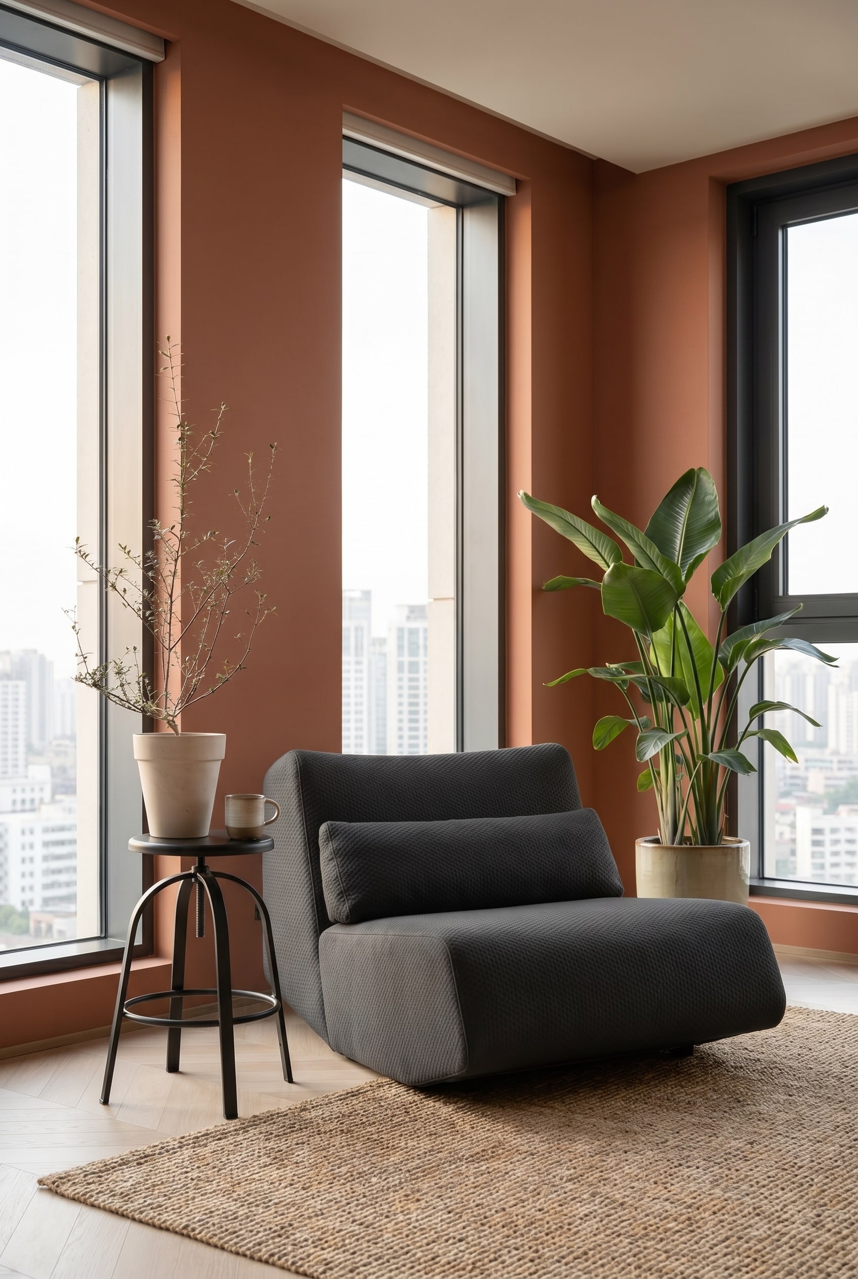 Salon moderne avec fauteuil lounge fluide en anthracite et murs en terre cuite mate