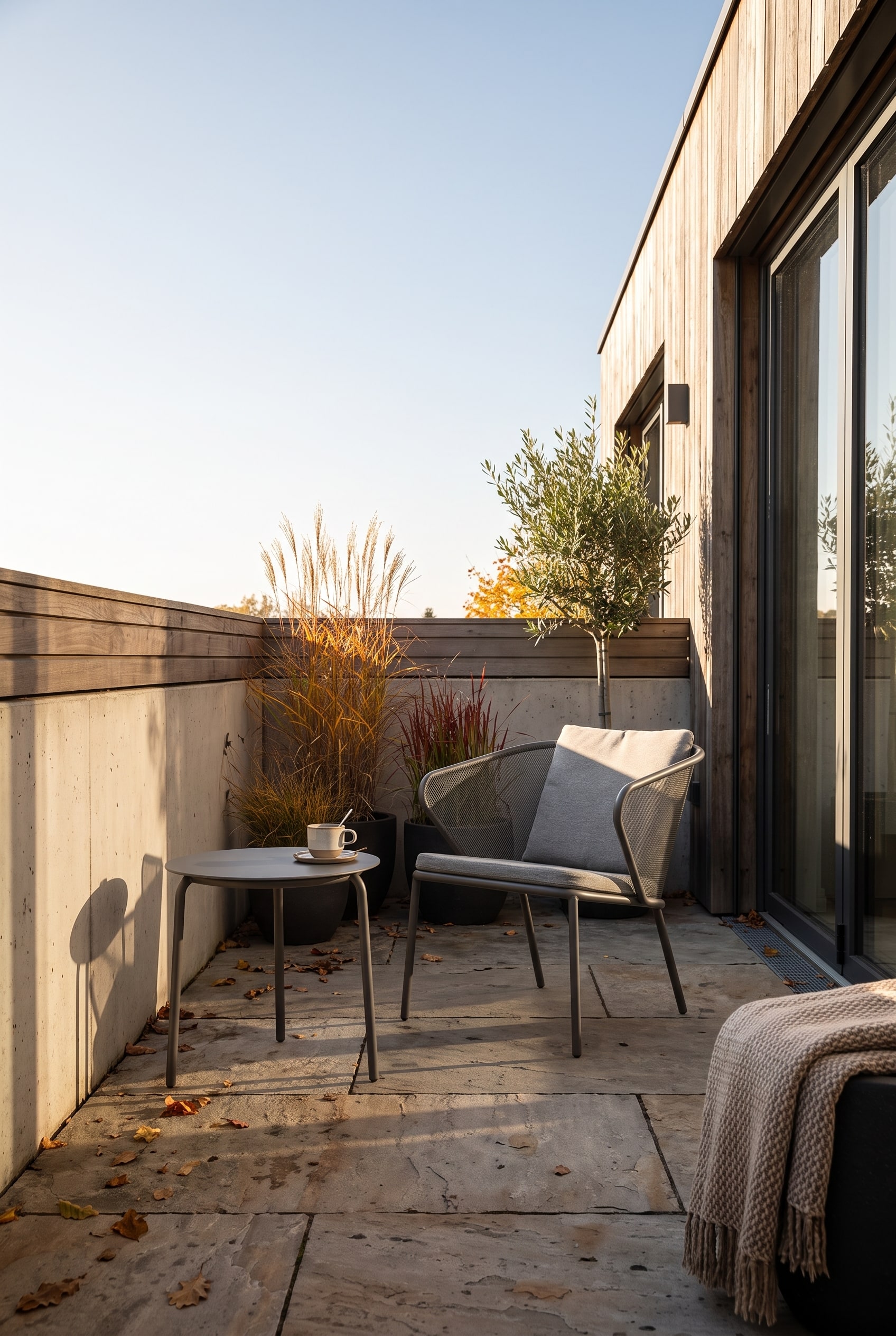 Fauteuil lounge gris profond en acier inoxydable dans le coin prot&eacute;g&eacute; d'une terrasse de toit