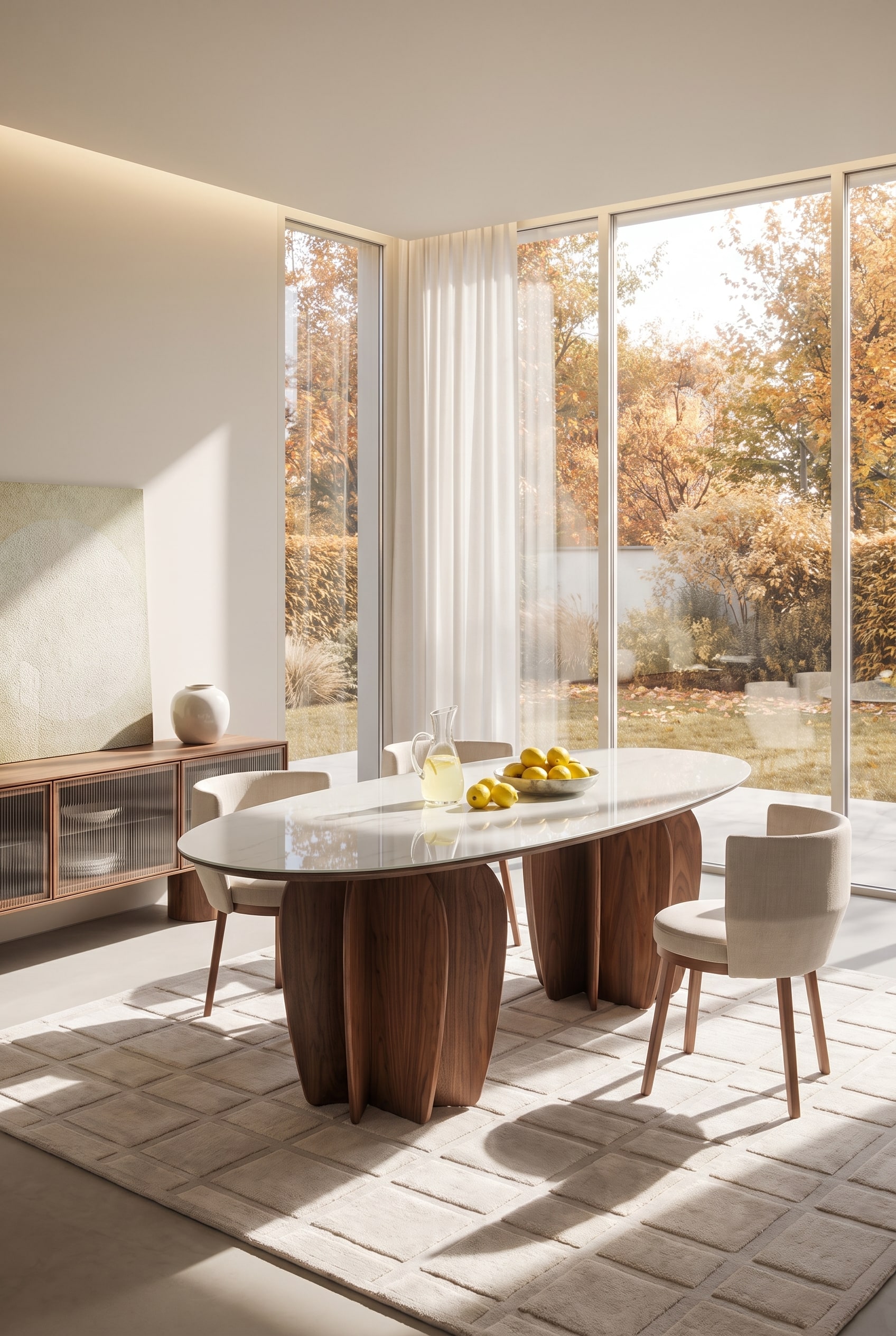 Sonnige, moderne Terrasse mit einem organisch geformten Holztisch, eleganten Terrassenstühlen und Blick aufs Meer