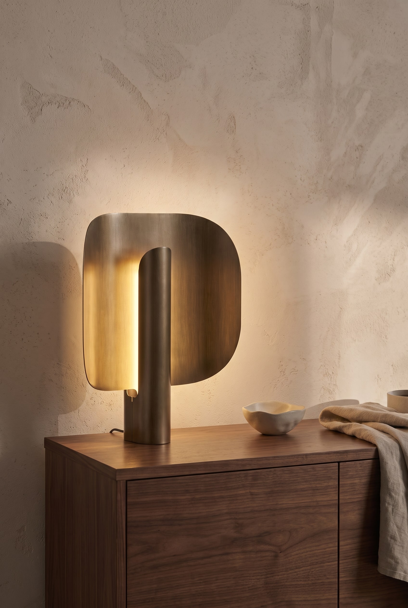 Lampe de table sculpturale couleur bronze sur un buffet en noyer devant un mur clair enduit
