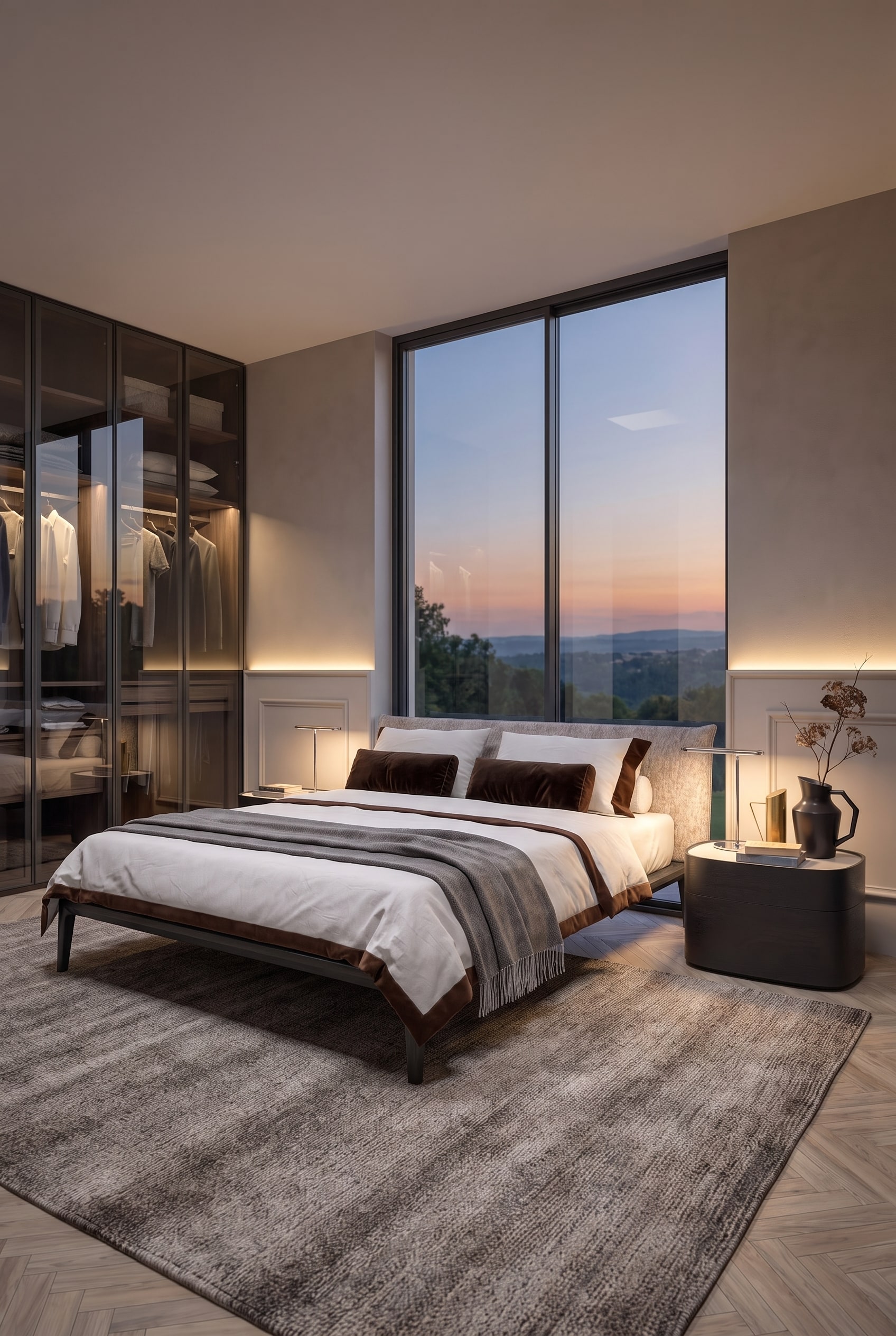 Vue grand-angle d'une chambre luxueuse avec un lit double, deux tables de chevet rondes et une armoire en verre.