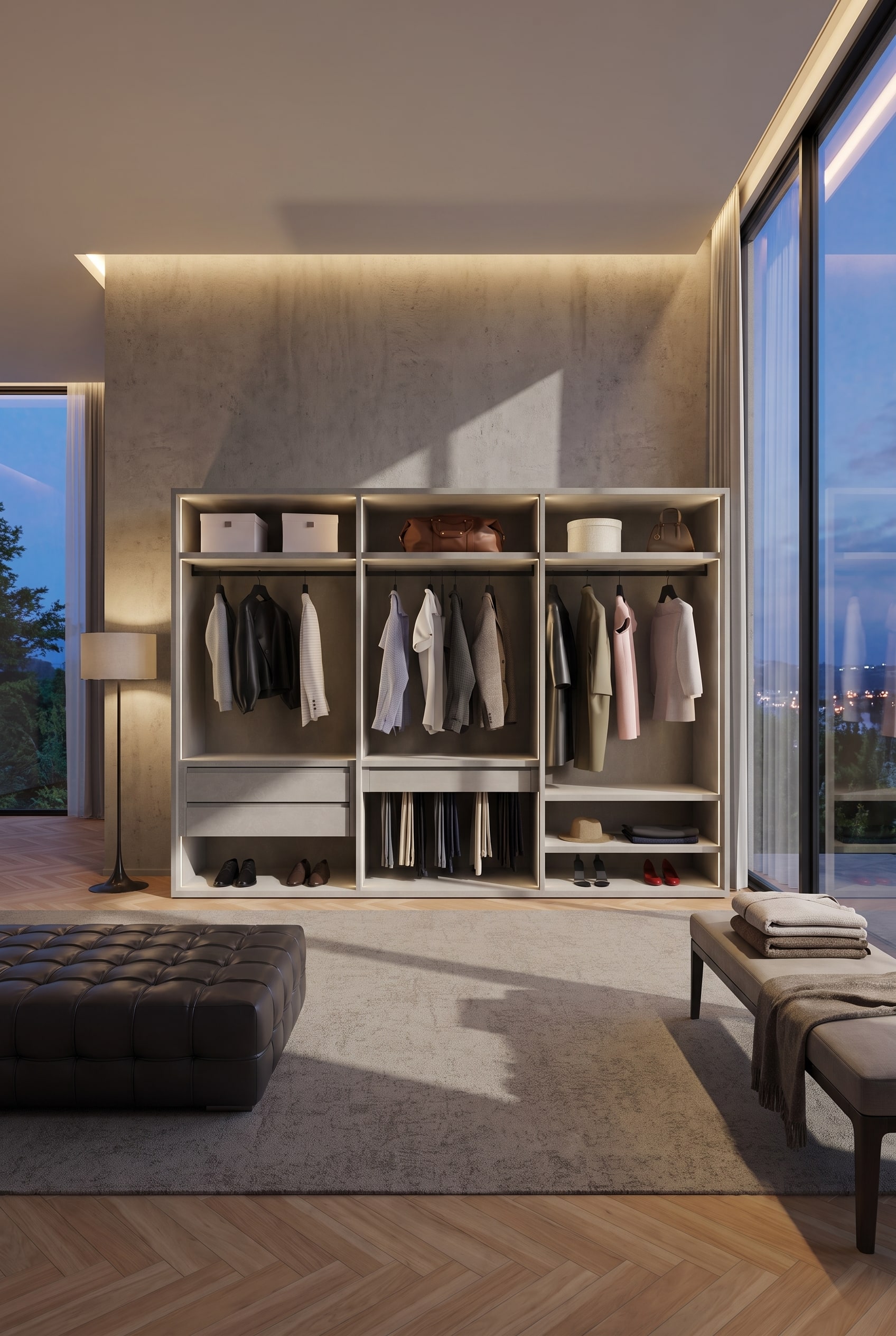 Espace dressing avec un syst&egrave;me &agrave; cadre ouvert sans fa&ccedil;ade en aluminium, &eacute;clair&eacute; par des bandes LED verticales