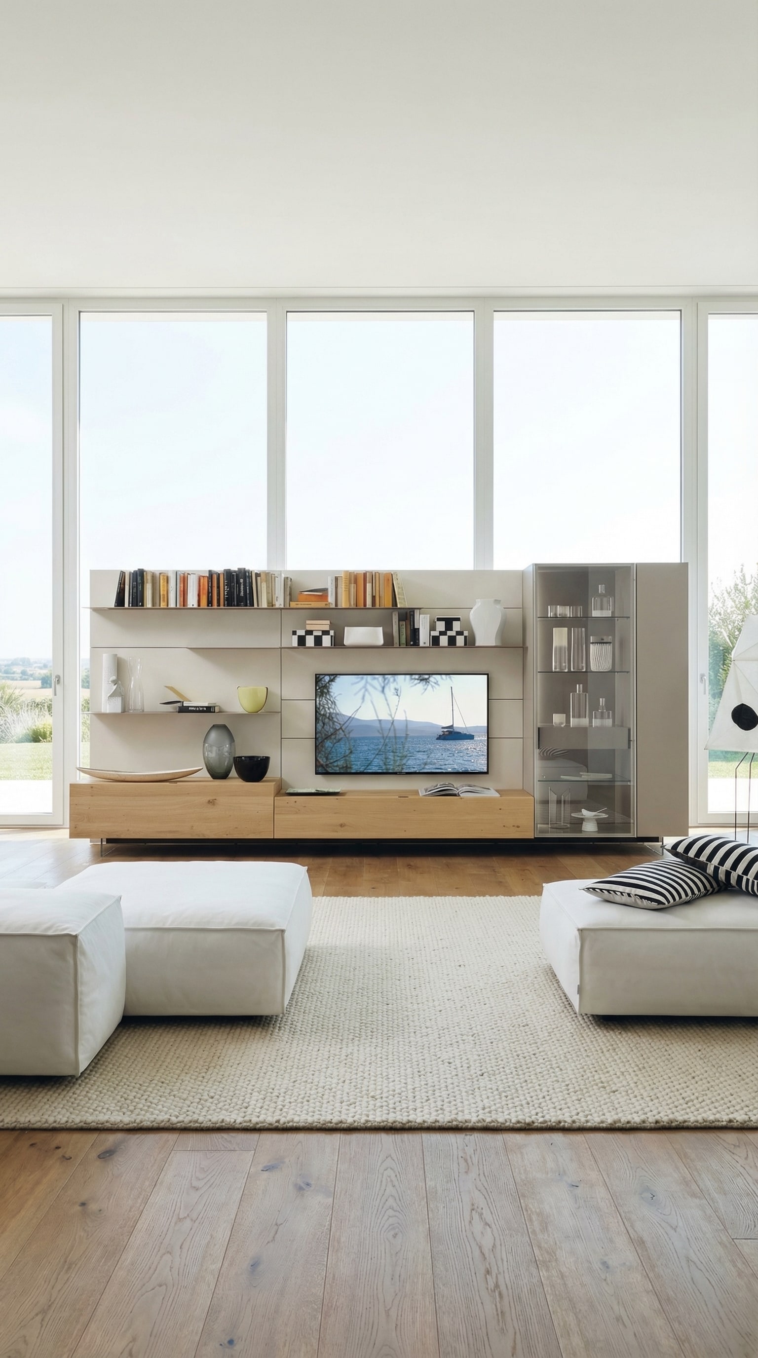 Helle, offene Livitalia Wohnwand C42 mit integrierten Regalen f&uuml;r B&uuml;cher und Dekoration