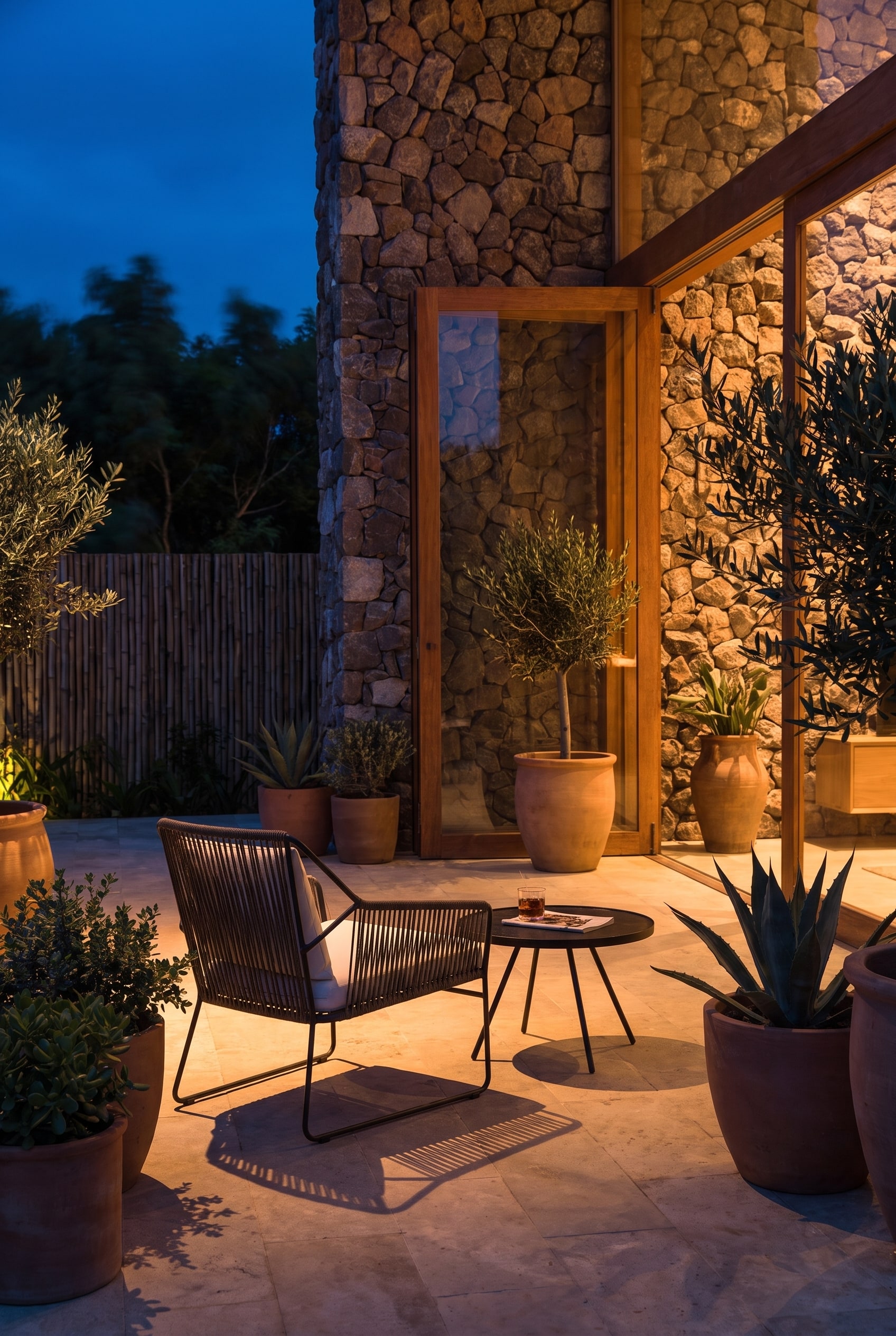 Fauteuil en corde Oasiq Sandur en acier inoxydable sur une terrasse &eacute;clair&eacute;e le soir avec une lumi&egrave;re chaude
