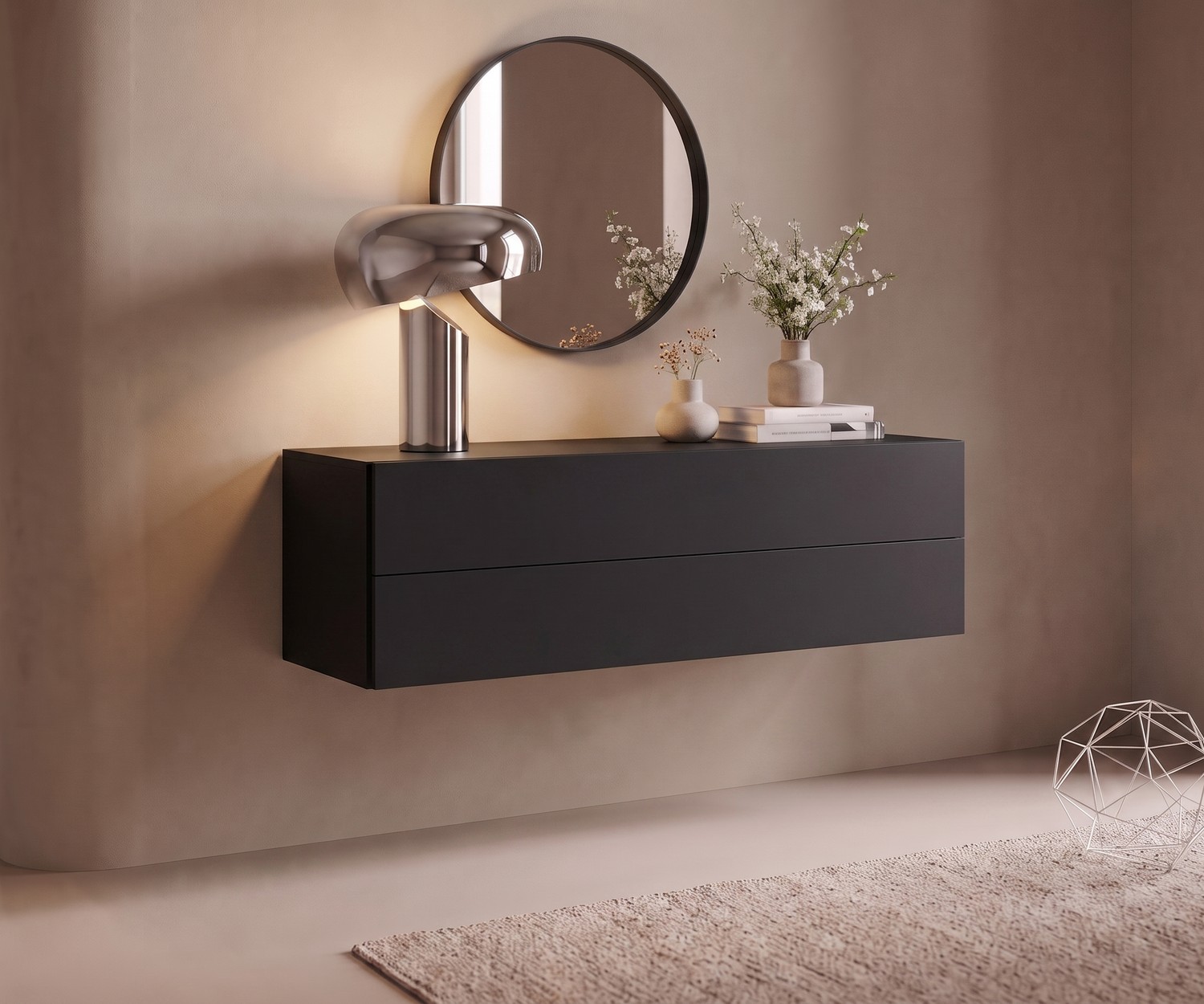 Commode suspendue Easy de Novamobili pour l'entrée, meuble suspendu moderne en noir mat avec deux tiroirs.