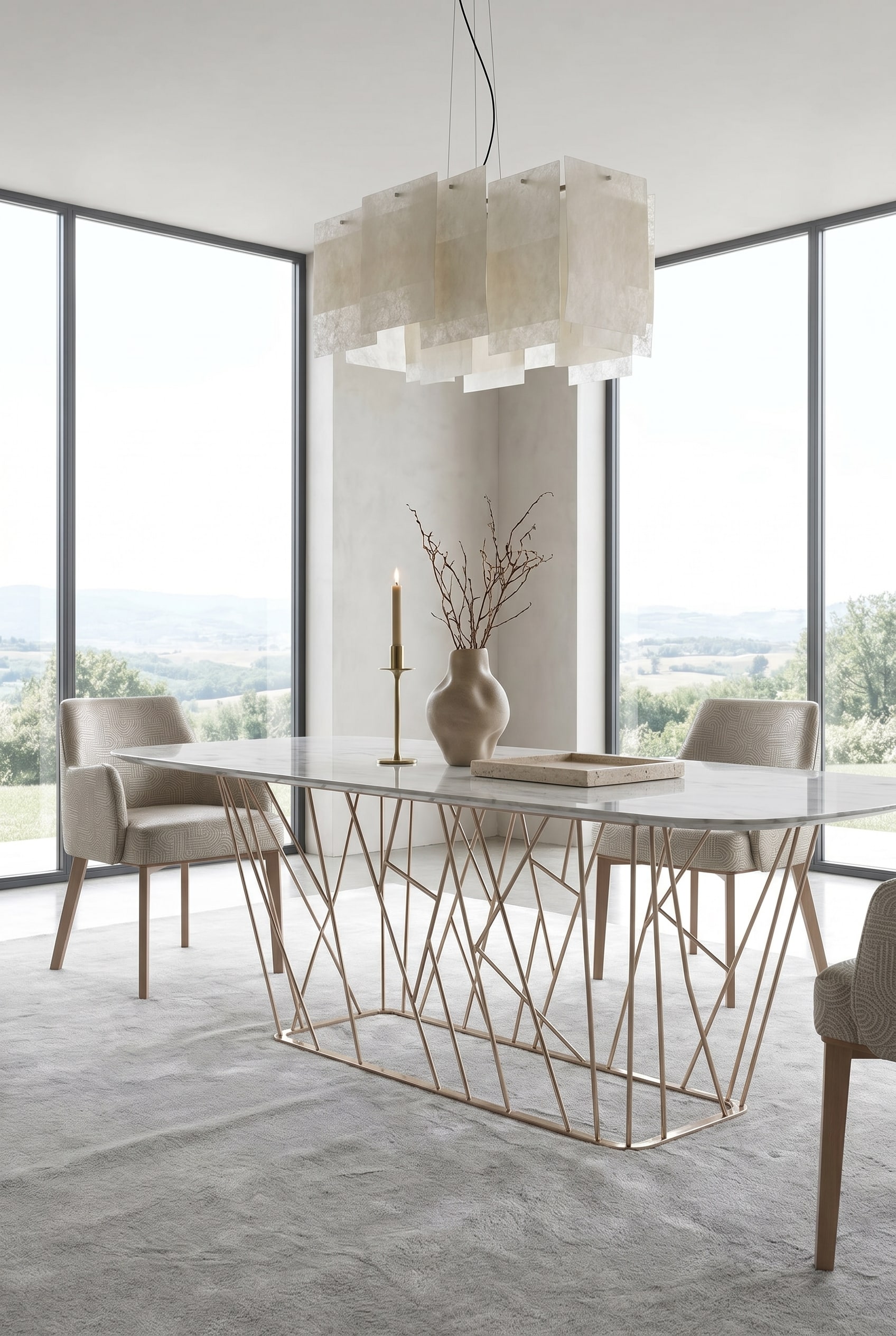 Table en marbre avec un pi&egrave;tement m&eacute;tallique complexe en forme de filet, d&eacute;cor&eacute;e d'un groupe asym&eacute;trique de trois objets en c&eacute;ramique