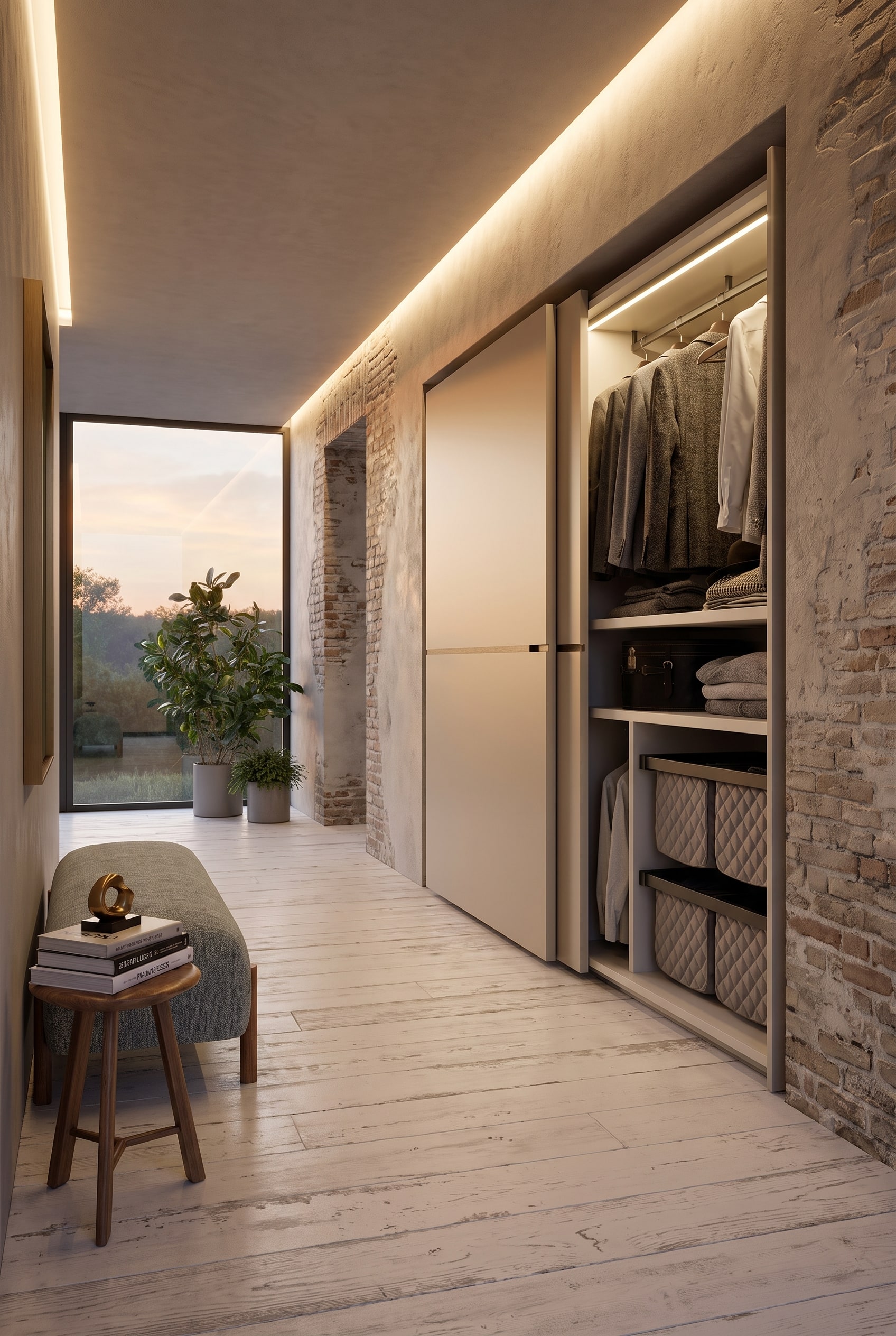 Couloir avec une grande armoire à portes coulissantes murale en beige mat, aspect sans couture