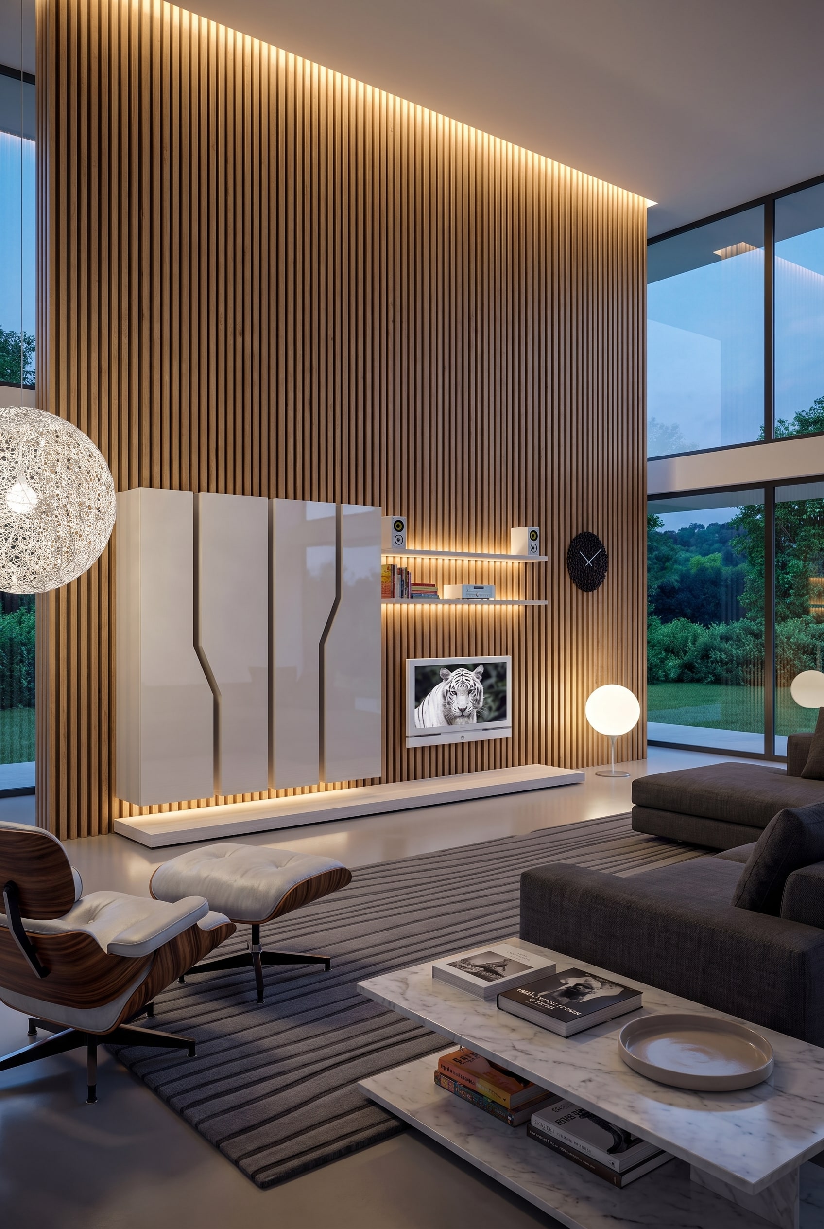 Mur acoustique en bois toute hauteur dans le salon, ancr&eacute; par un meuble TV noir ultra-plat pos&eacute; au sol